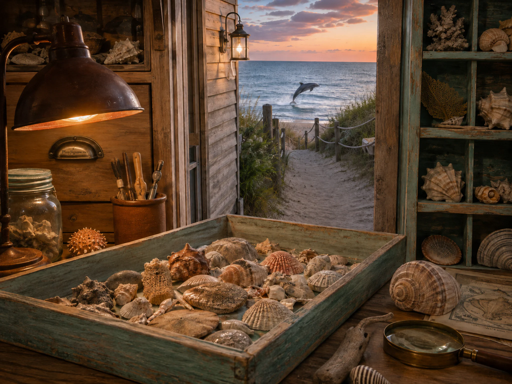 dolphin passage seen beyond a shallow specimen tray in a weathered beach-hut shell archive beside a sandy footpath, with familiar objects and warm lamplight at dusk.