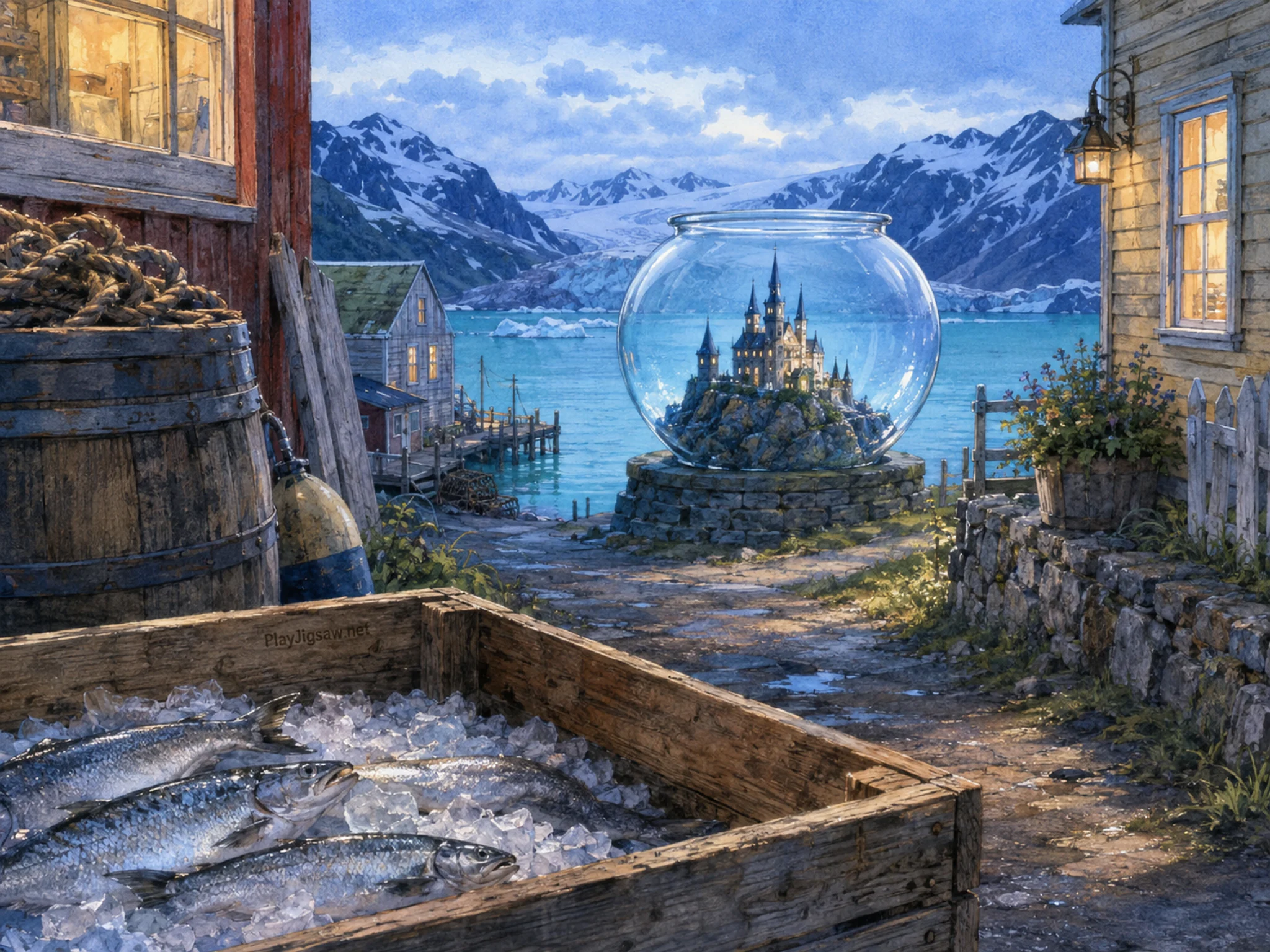 fishbowl castle seen beyond a wooden fish crate without labels in a northern working harbor overlooking a turquoise glacier bay, with familiar objects and cool blue-hour light.