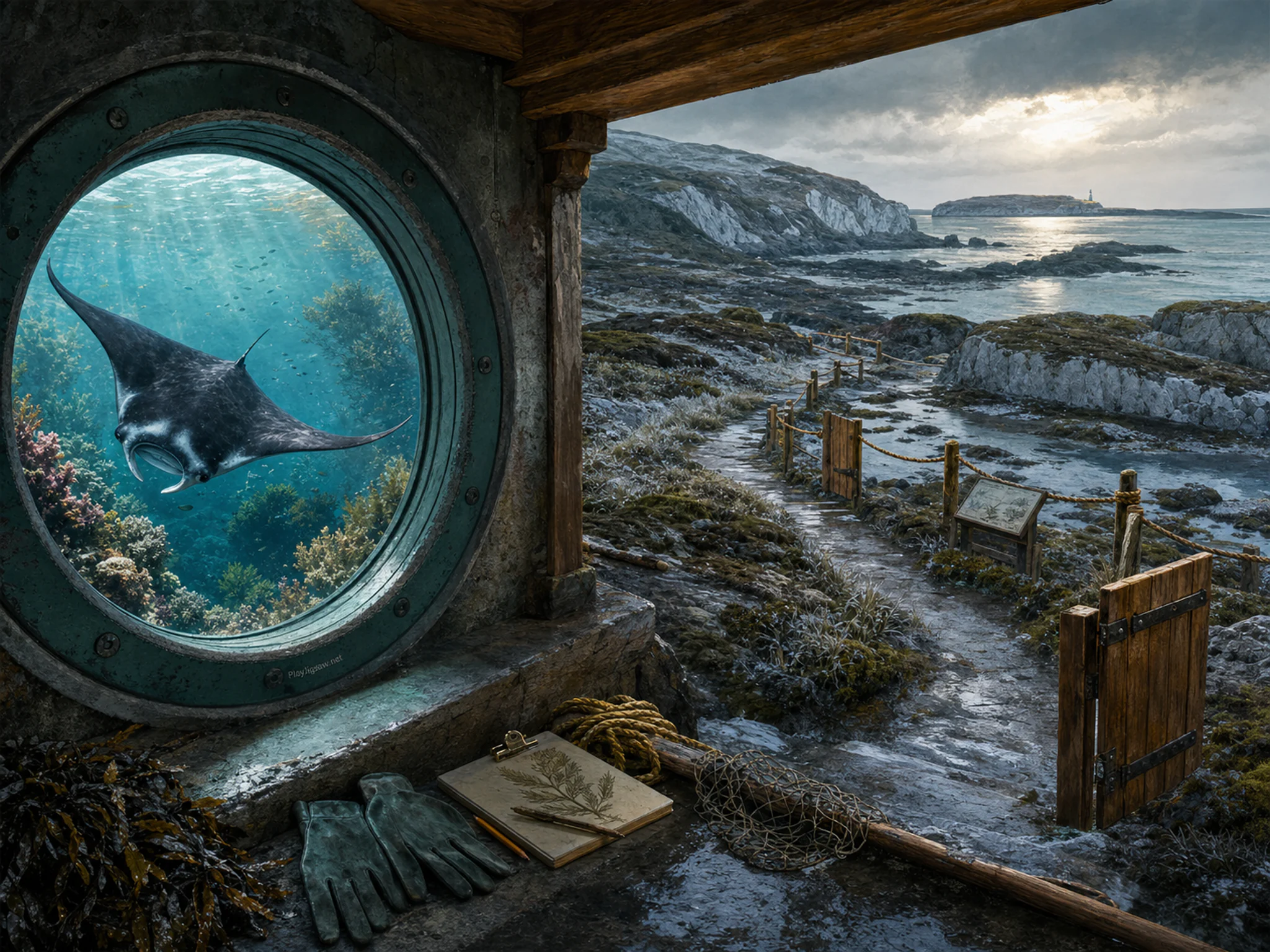 Manta Tunnel gliding beyond small observation viewport in a clear underwater reef, composed as high oblique landscape view with four large terrain or roof shapes, a navigable.