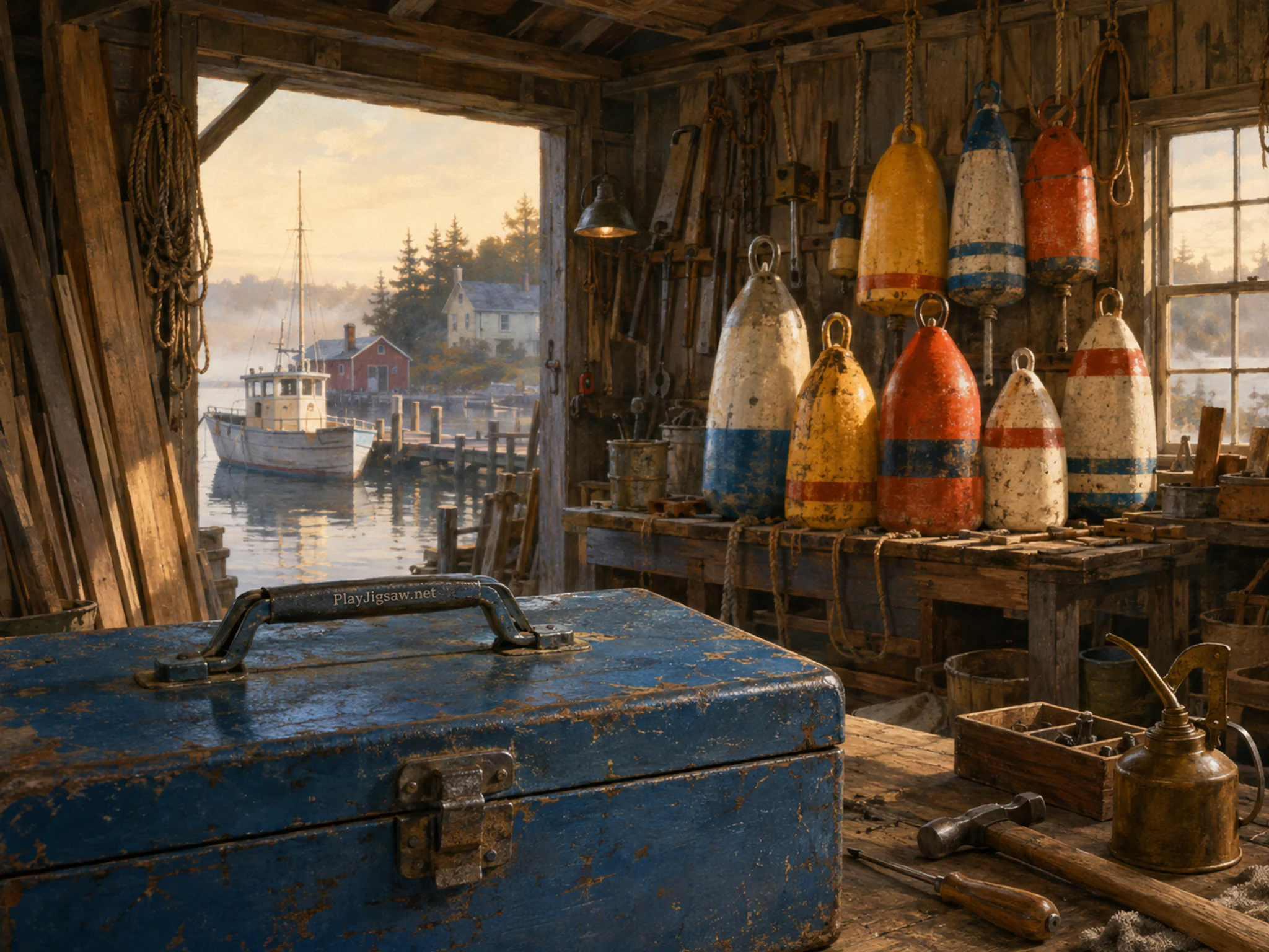buoy workshop seen beyond a blue metal toolbox in a boat-repair shed with common hand tools and timber, with familiar objects and calm misty dawn.