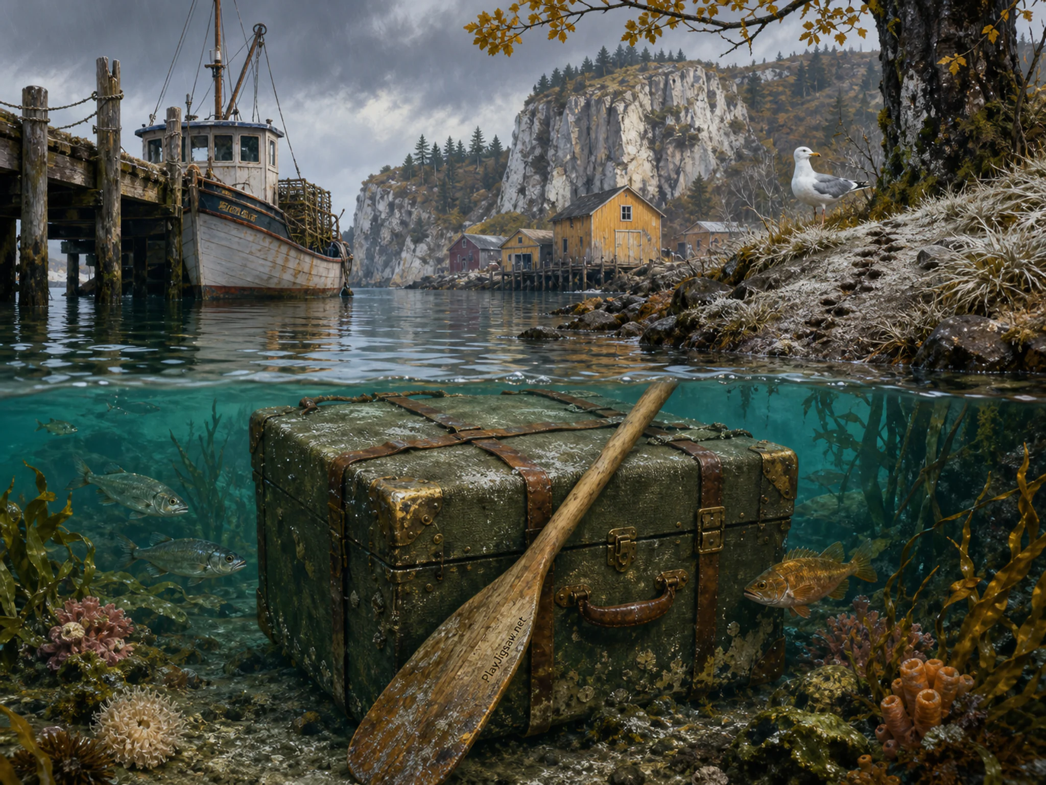 Fishing Harbor resting against canvas expedition case in a clear underwater reef, composed as calm near-symmetry broken by one working action, one asymmetrical weather effect.