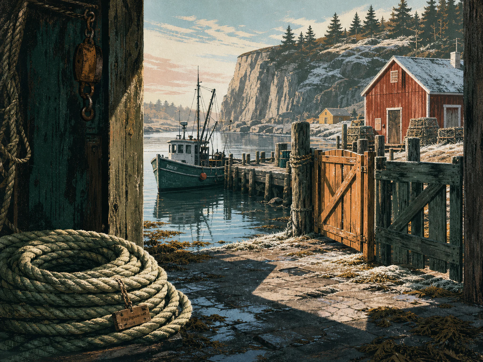 Fishing Harbor secured beside coiled harbor rope in a rope-lined working quay, composed as framed exterior vista through an actual working structure, with unequal side weights.