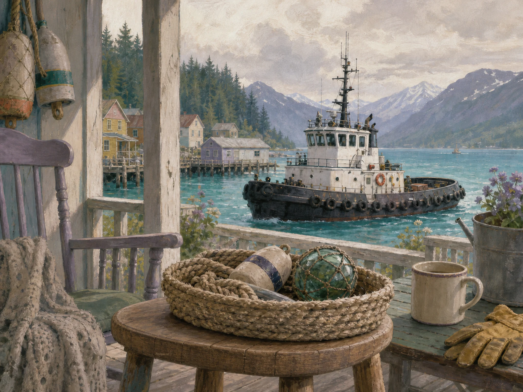 tug wheelhouse seen beyond a shallow rope basket in a northern fishing-village porch overlooking a turquoise glacier bay, with familiar objects and soft overcast afternoon.