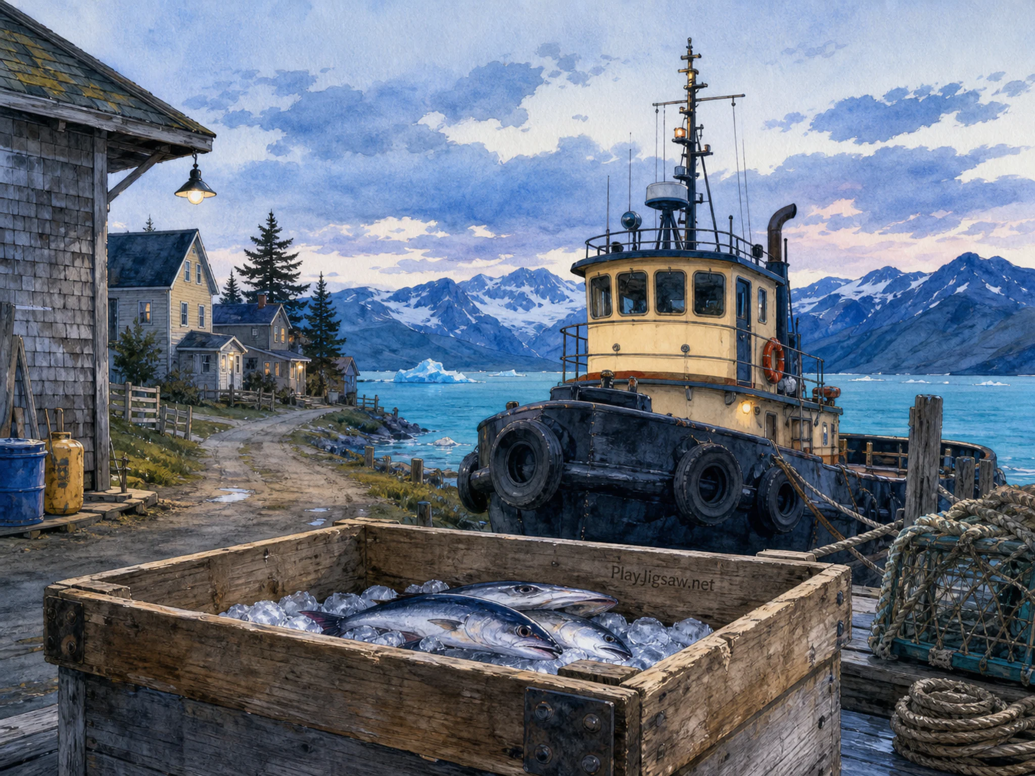 tug wheelhouse seen beyond a wooden fish crate without labels in a northern working harbor overlooking a turquoise glacier bay, with familiar objects and cool blue-hour light.