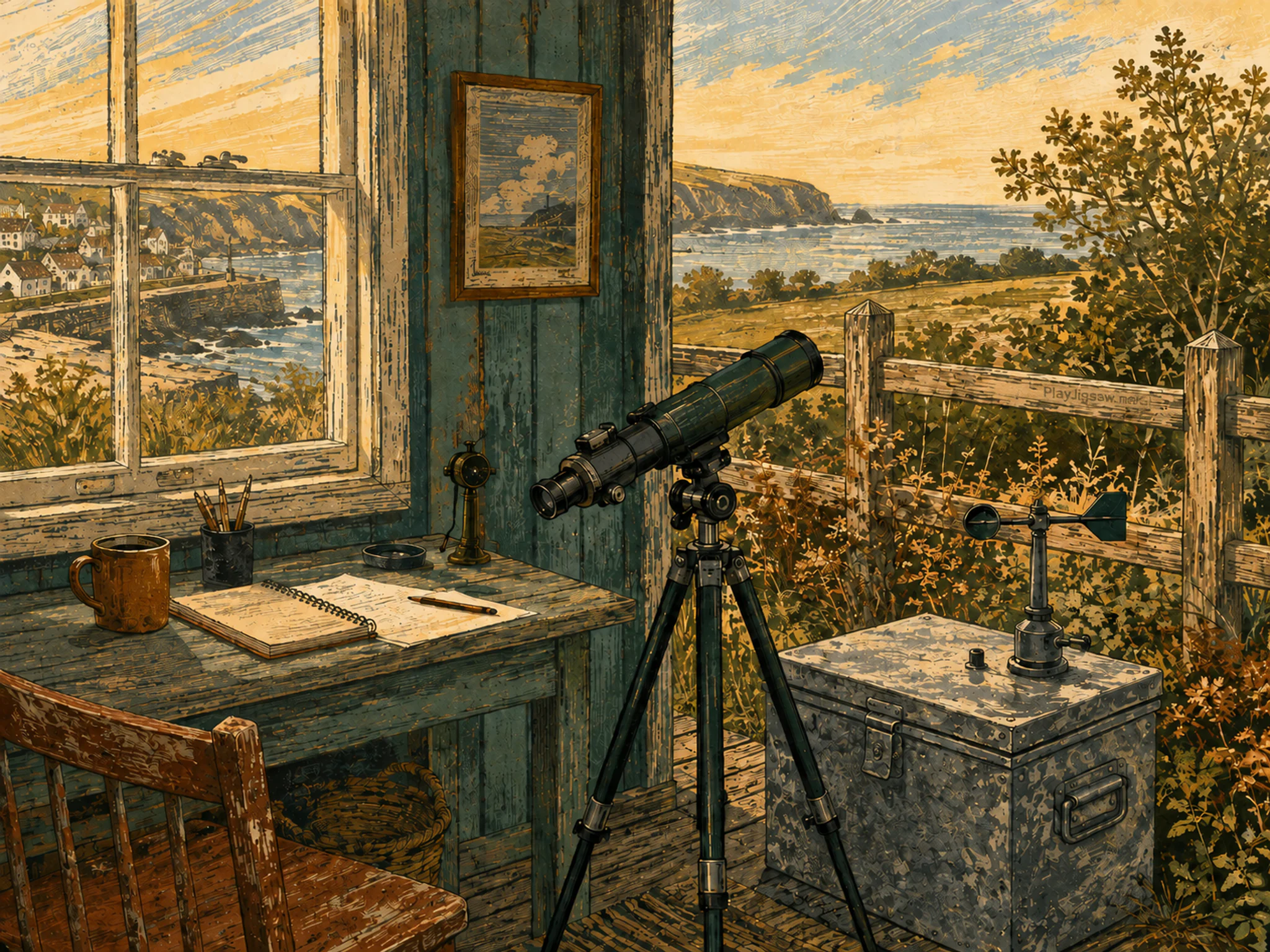 field telescope set up naturally beside a galvanized instrument box in a small coastal weather desk beside a rural garden fence, with familiar objects and warm late-day sunlight.