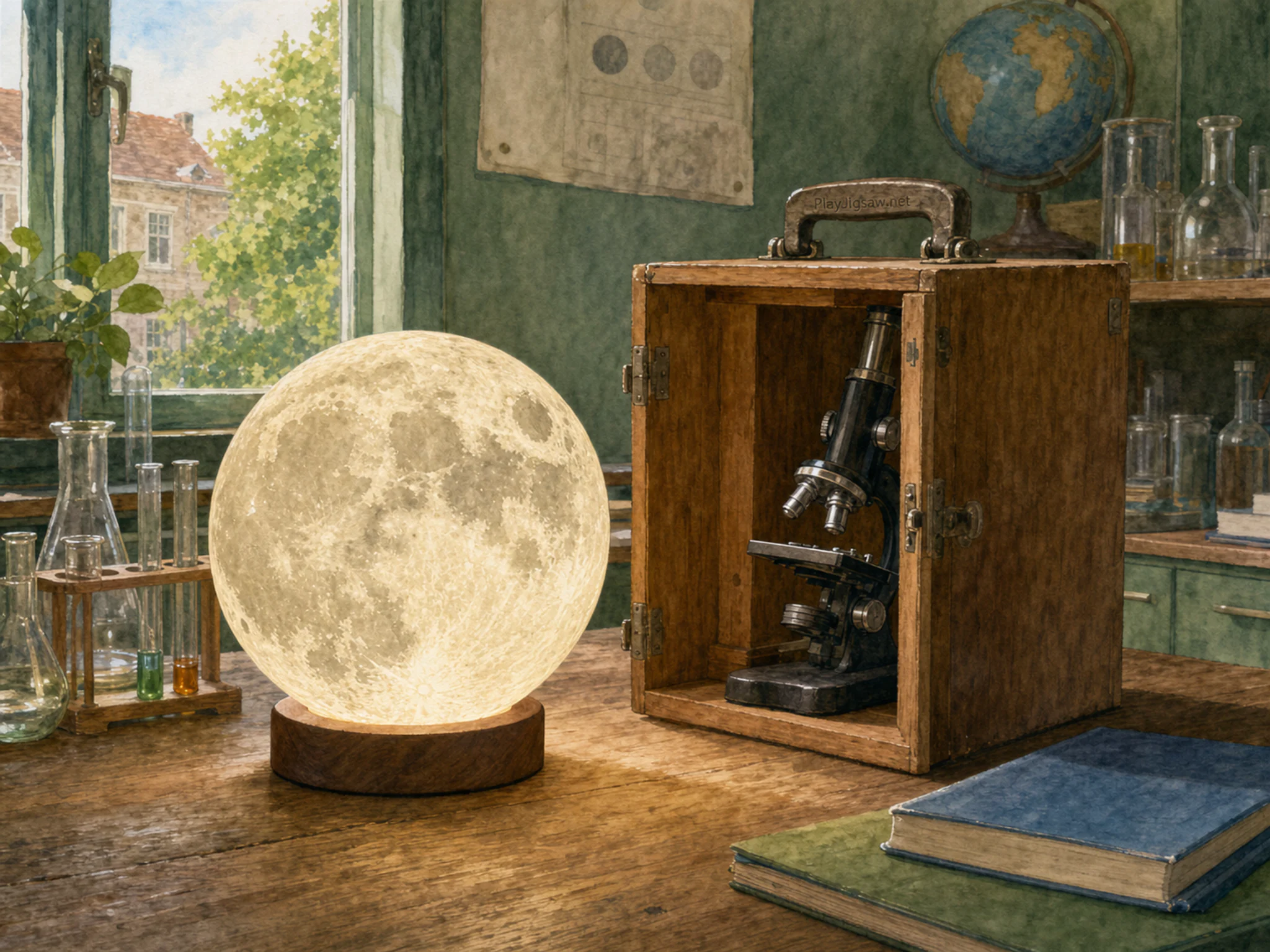 moon lamp set up naturally beside a wooden microscope box in a school science room after class with familiar lab glassware, with familiar objects and clear early-morning light.