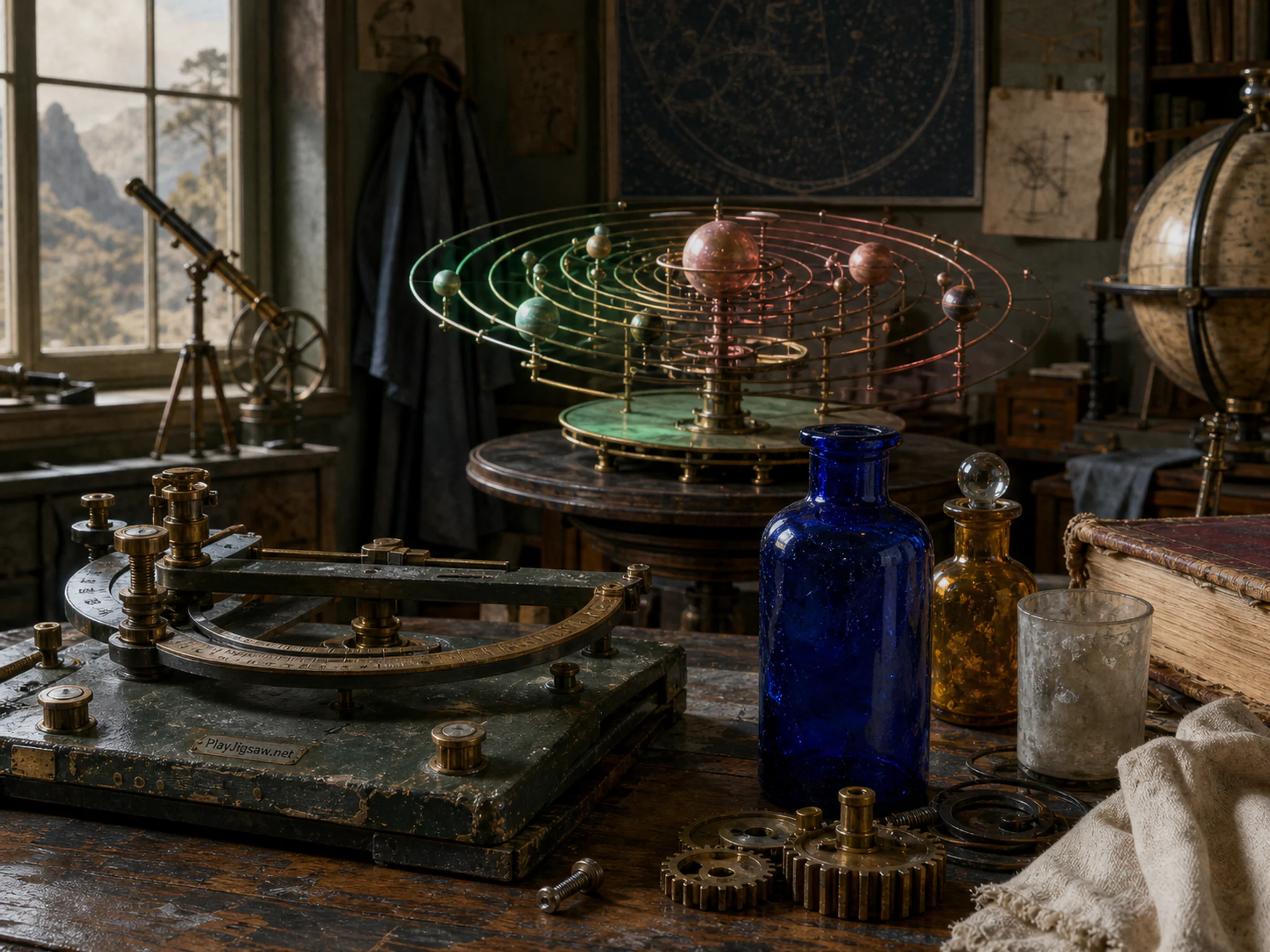 Observatory Orrery changing color beside cobalt reagent bottle without text in a practical engineering bench, composed as close foreground detail on one side balanced by a small.