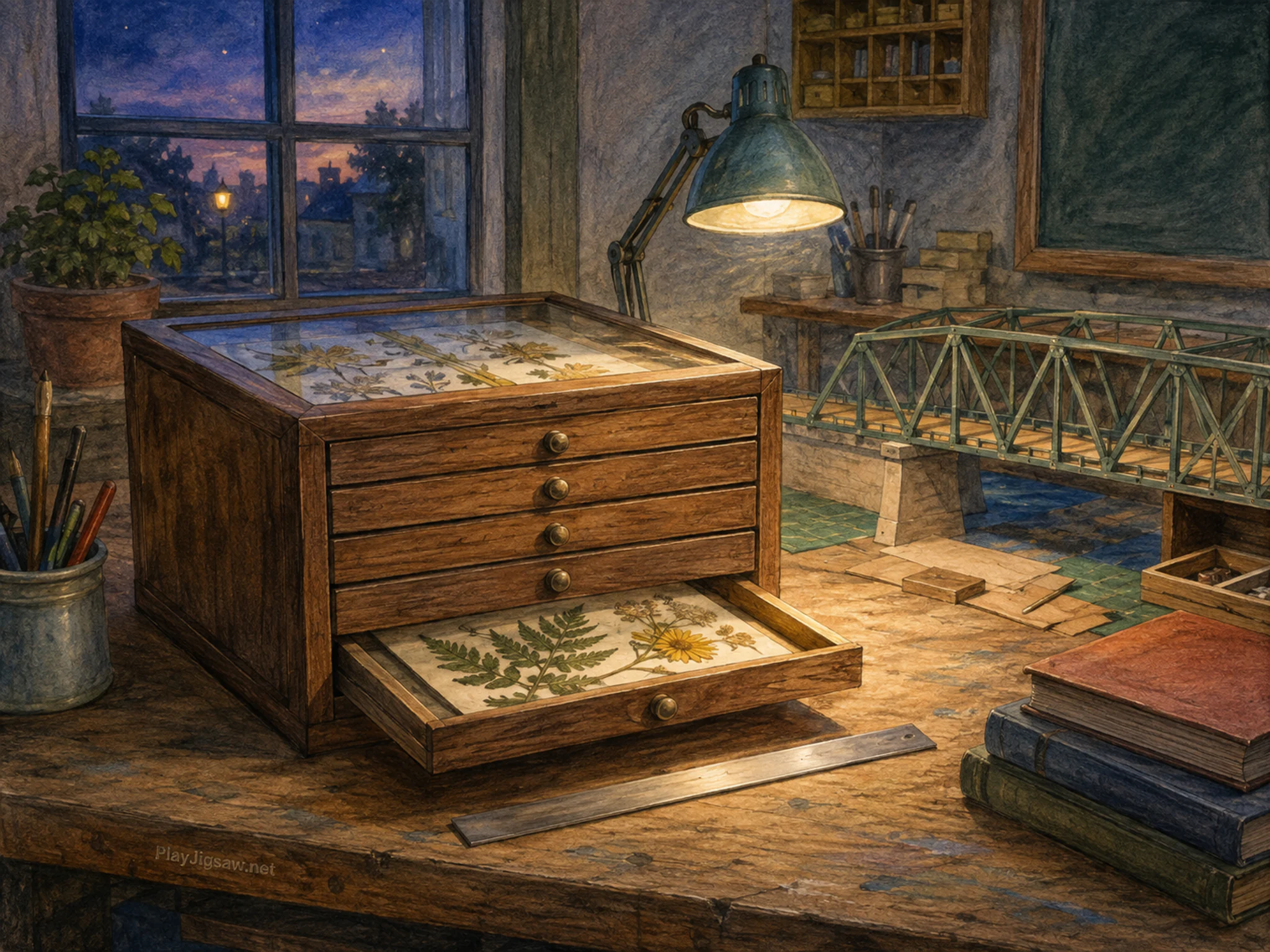 herbarium cabinet set up naturally beside a metal ruler without numbers in a model-bridge workbench inside a school project room, with familiar objects and warm lamplight at dusk.