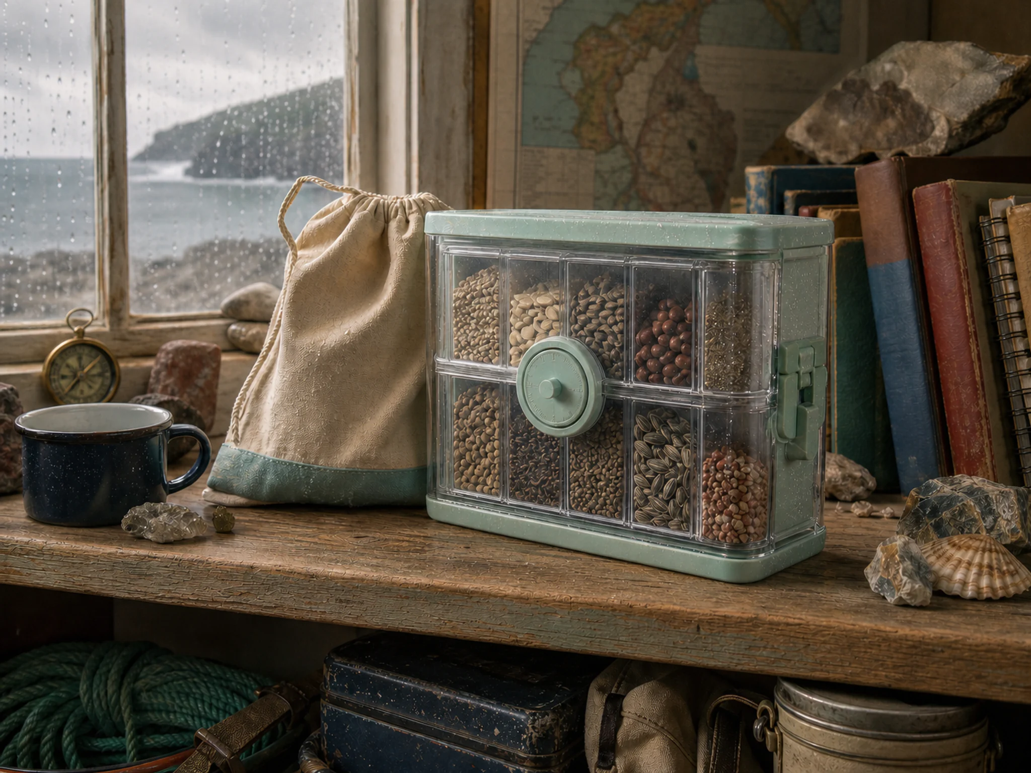 seed vault set up naturally beside a canvas sample bag without text in a geology shelf in a modest study with common field gear, with familiar objects and gentle rain with crisp.