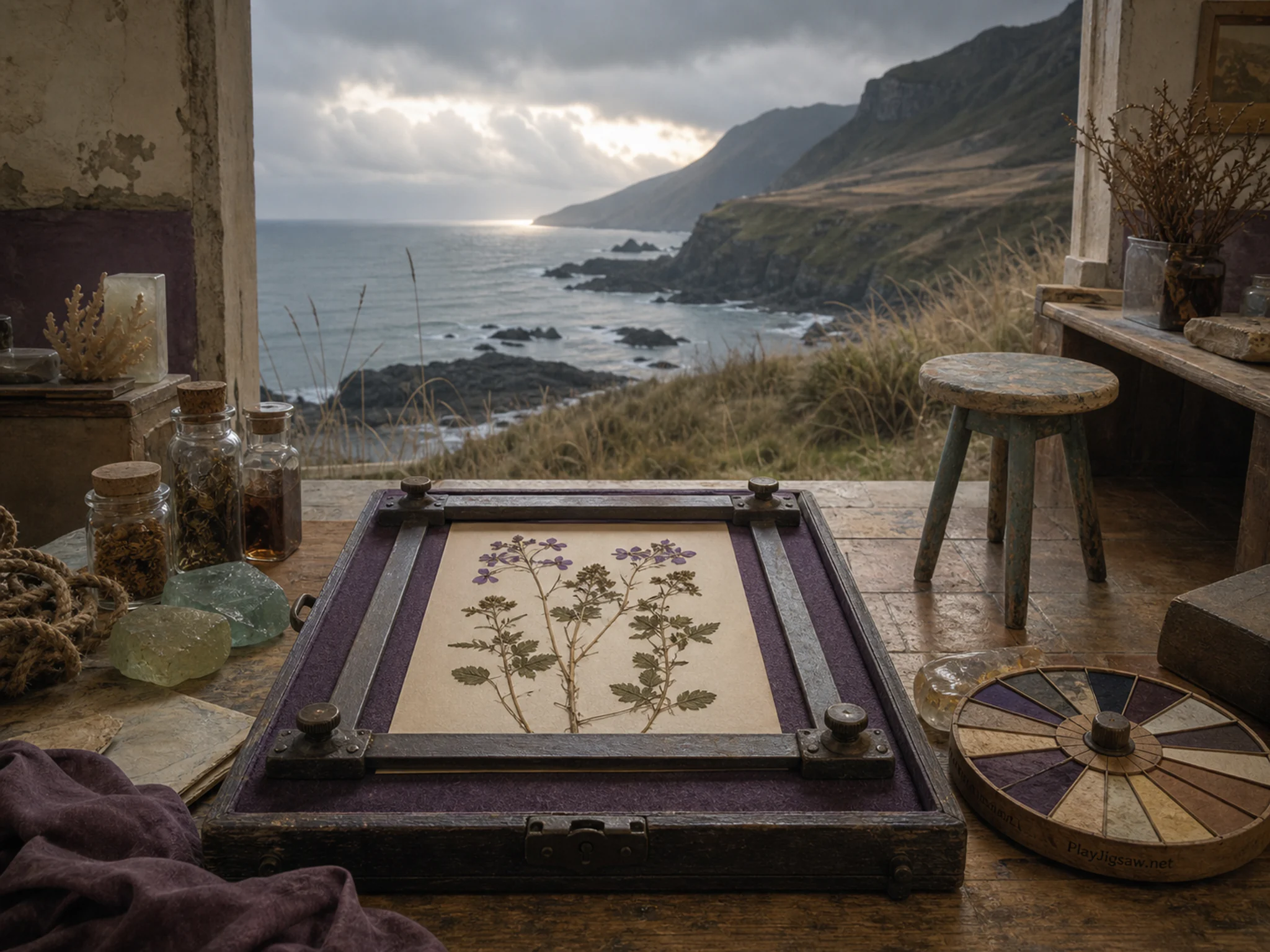 Violet Plant Press aligned across felt-lined instrument box in a museum collection workspace, composed as wide lateral workflow from raw material at left through transformation.