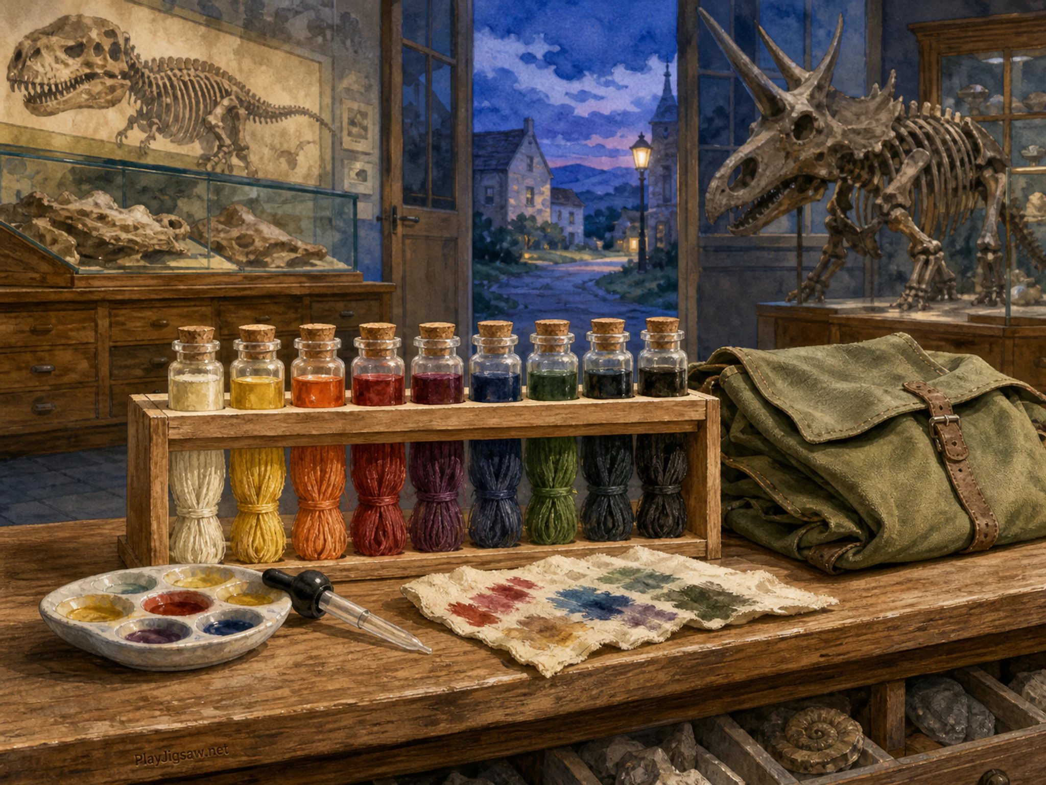 dye sample lab set up naturally beside a folded field bag in a local natural-history dinosaur gallery with familiar display drawers, with familiar objects and cool blue-hour light.