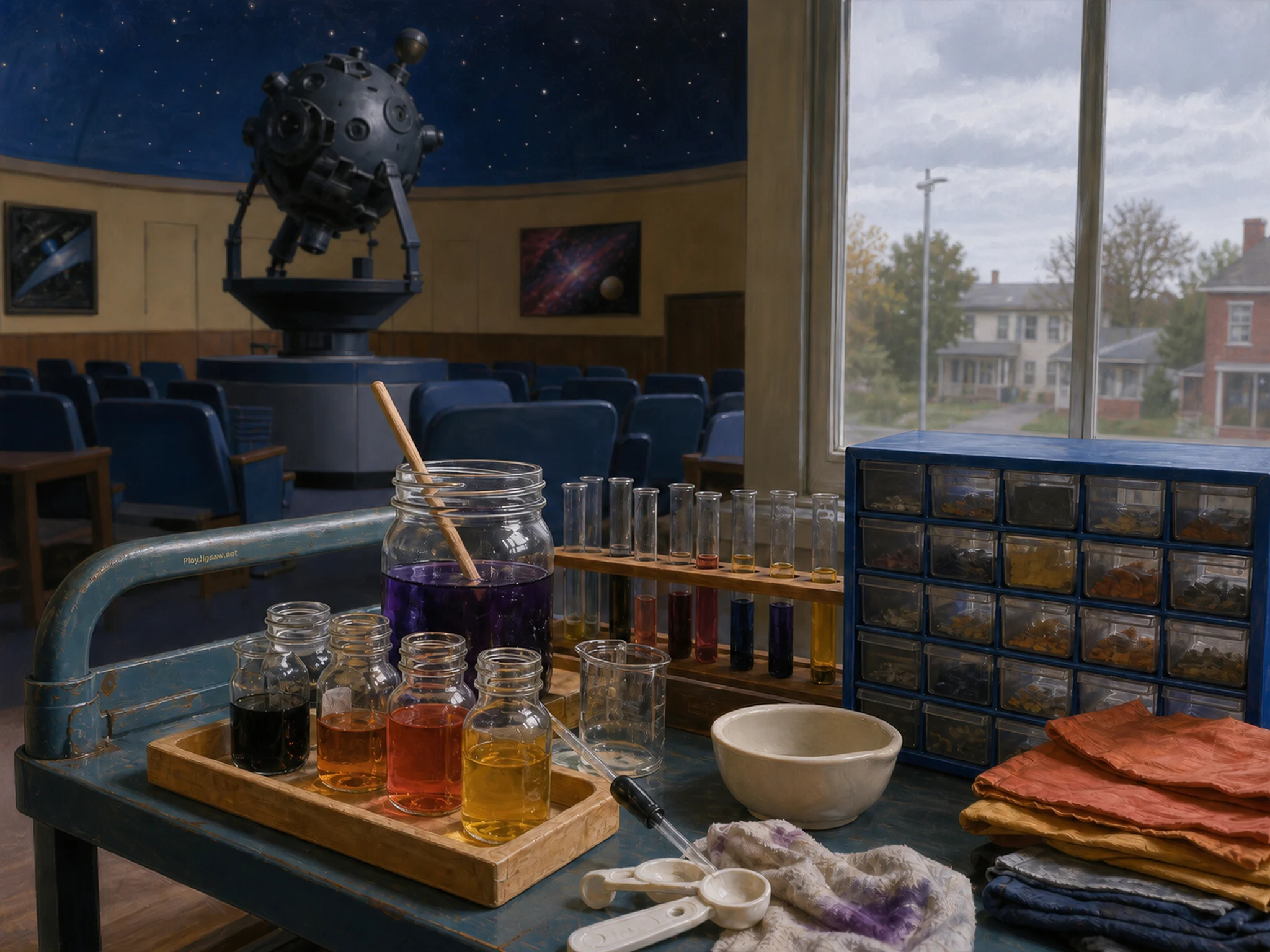 dye sample lab set up naturally beside a blue parts organizer in a school planetarium projector room after class, with familiar objects and soft overcast afternoon.