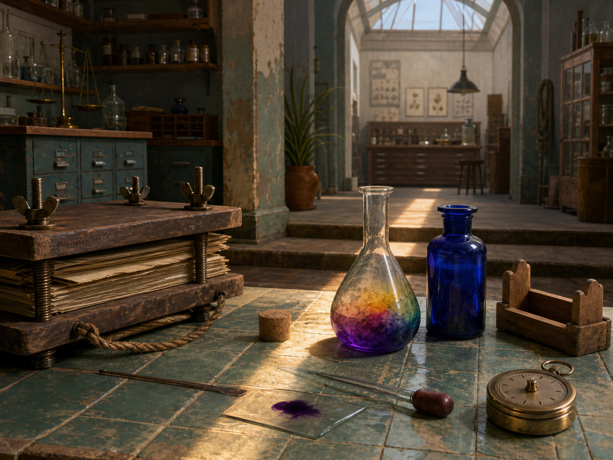 Rainbow Chemistry changing color beside cobalt reagent bottle without text in a museum collection workspace, composed as stepped depth composition with three terraces, shelves.
