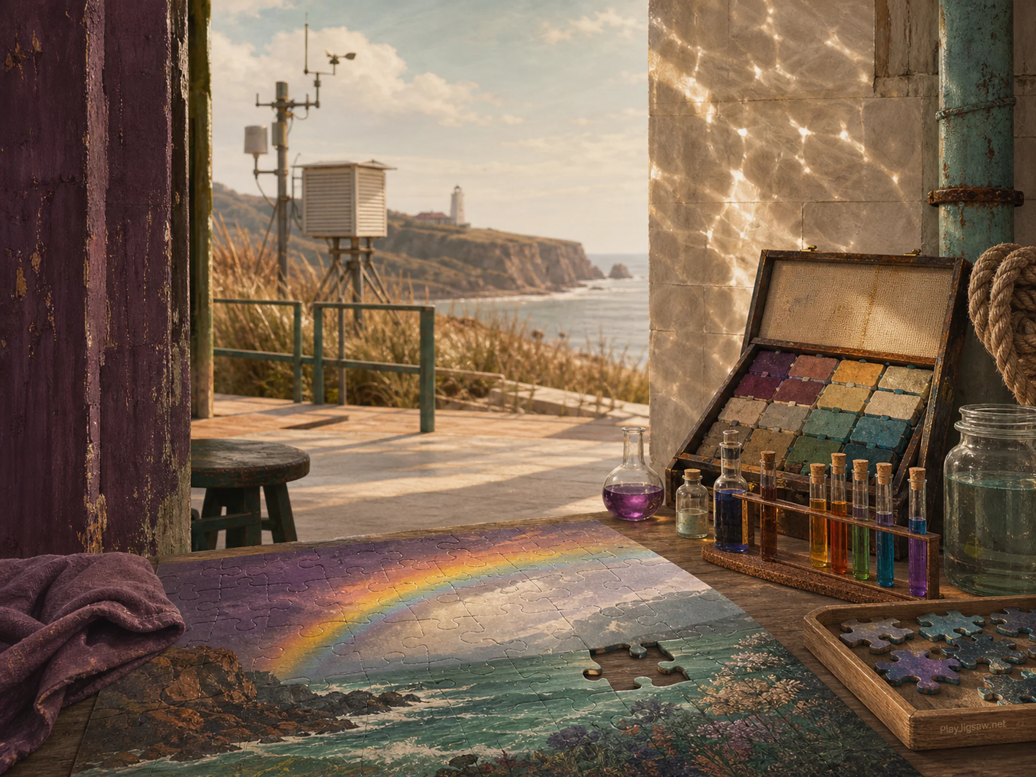 Rainbow Chemistry cataloged near canvas sample case in an open weather station, composed as low threshold view framed by two unequal vertical elements, opening into a deep.