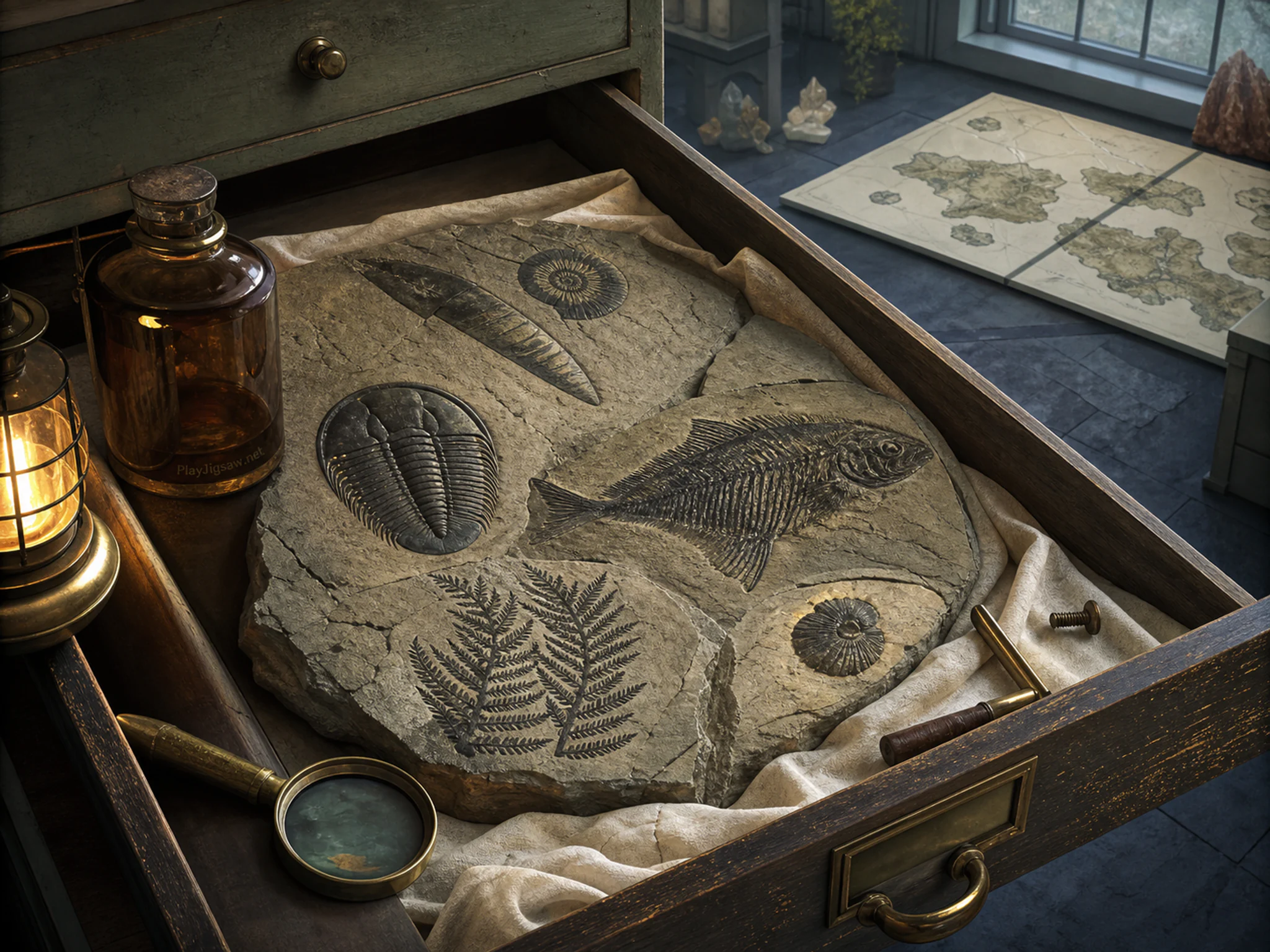 Fossil Table stored within shallow archive drawer in a labeled-free earth science lab, composed as overhead working map with irregular object islands, strong spacing, and a.