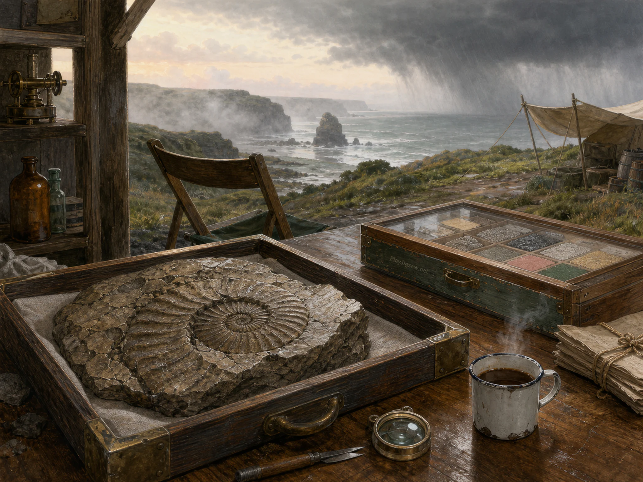 Fossil Table cataloged near canvas sample case in a clean instrument table, composed as close foreground detail on one side balanced by a small complete subject in the opposite.