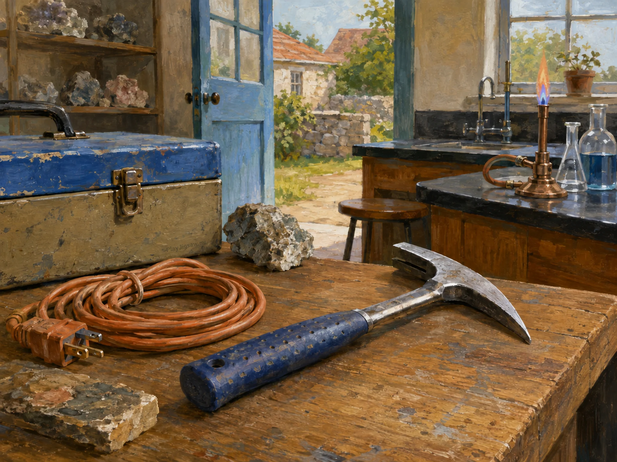 geology hammer set up naturally beside a coiled extension cord in a second school chemistry bench with a copper-flame setup, with familiar objects and bright diffused window light.