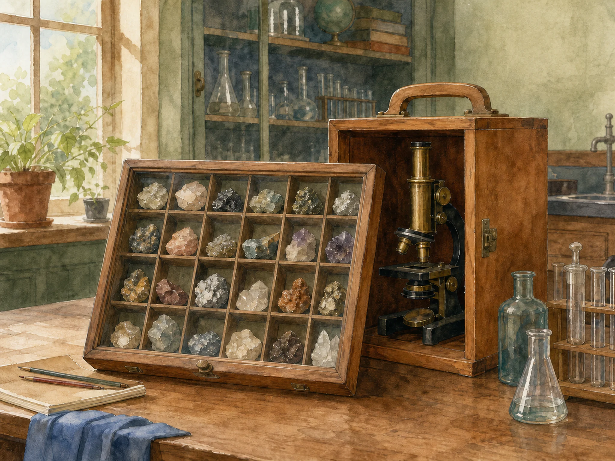 mineral cabinet set up naturally beside a wooden microscope box in a school science room after class with familiar lab glassware, with familiar objects and clear early-morning.