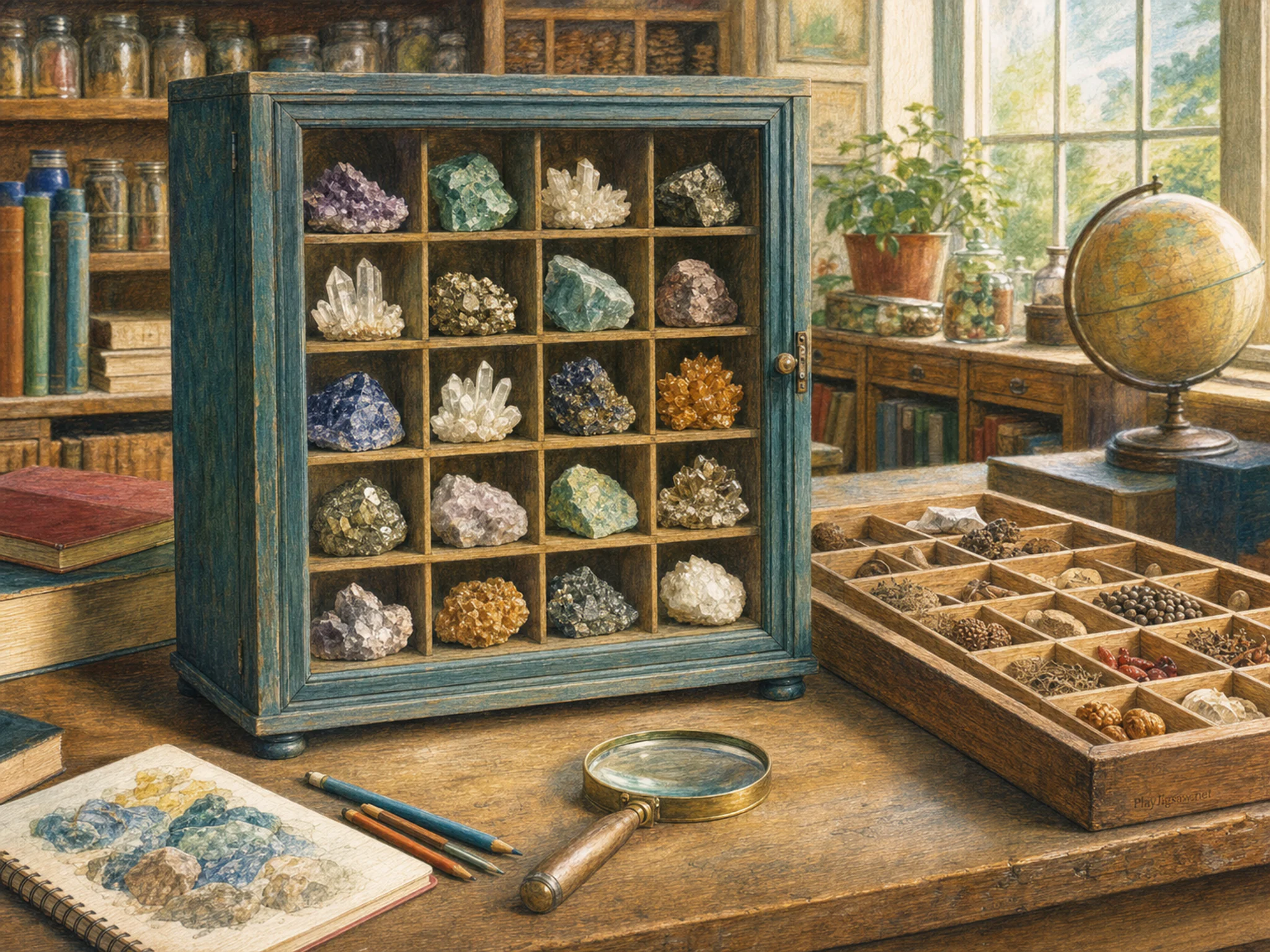 mineral cabinet set up naturally beside a wooden specimen case in a natural-history seed-specimen room in a local library workroom, with familiar objects and golden.