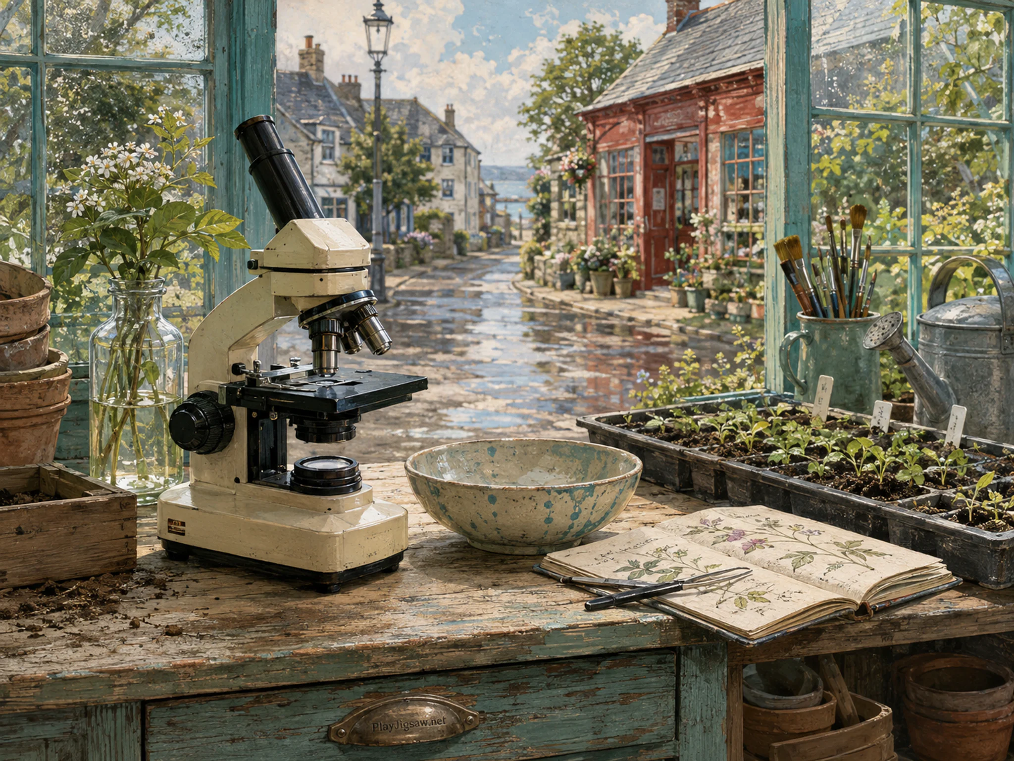 botanical microscope set up naturally beside a ceramic sample bowl in a greenhouse pollination desk beside seed trays, with familiar objects and sun after a brief rain shower.