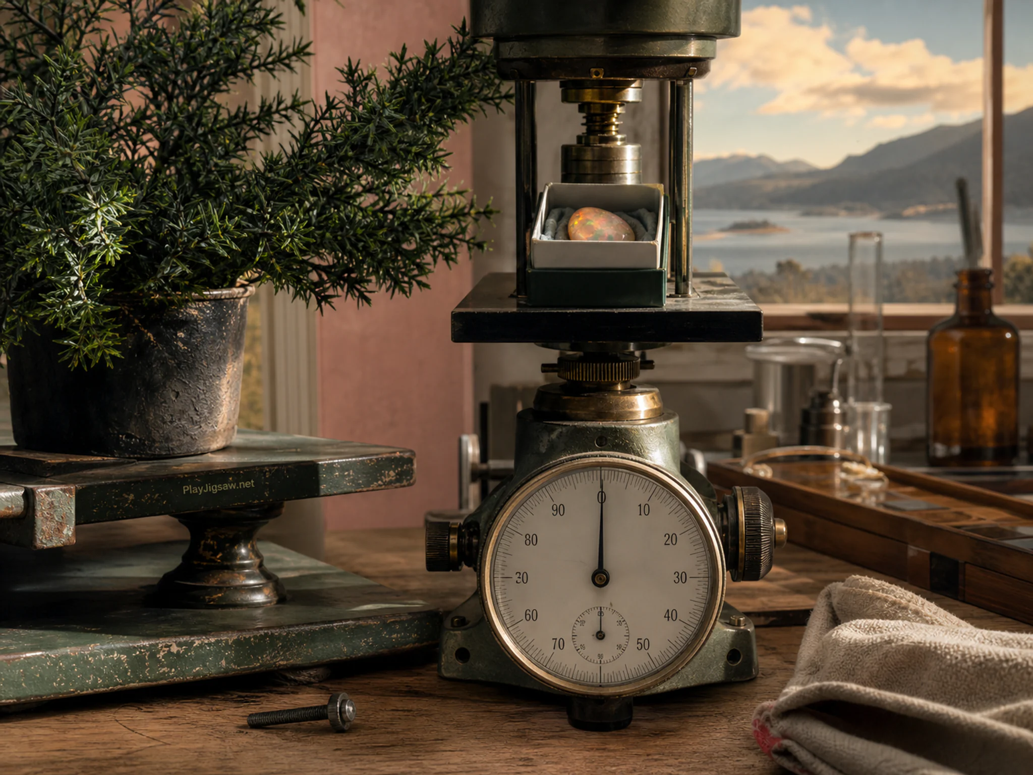Opal Slide Box measuring above precision analog gauge in a clean instrument table, composed as compressed telephoto layers with distinct silhouettes and no repeated.