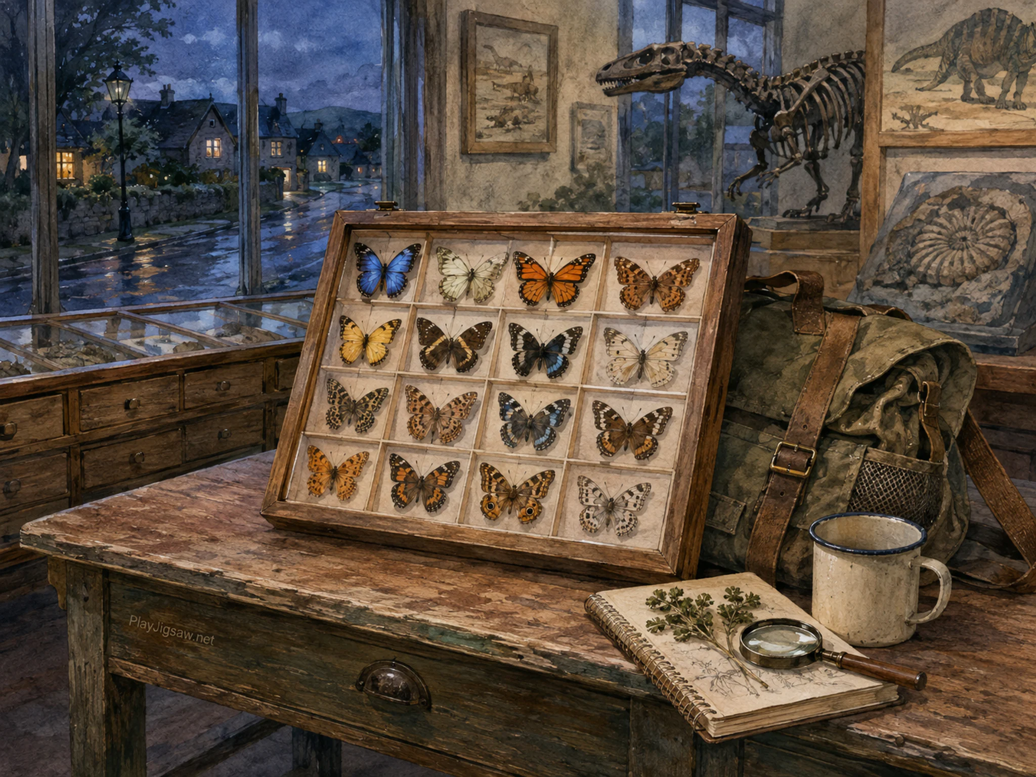 butterfly archive set up naturally beside a folded field bag in a local natural-history dinosaur gallery with familiar display drawers, with familiar objects and cool blue-hour.