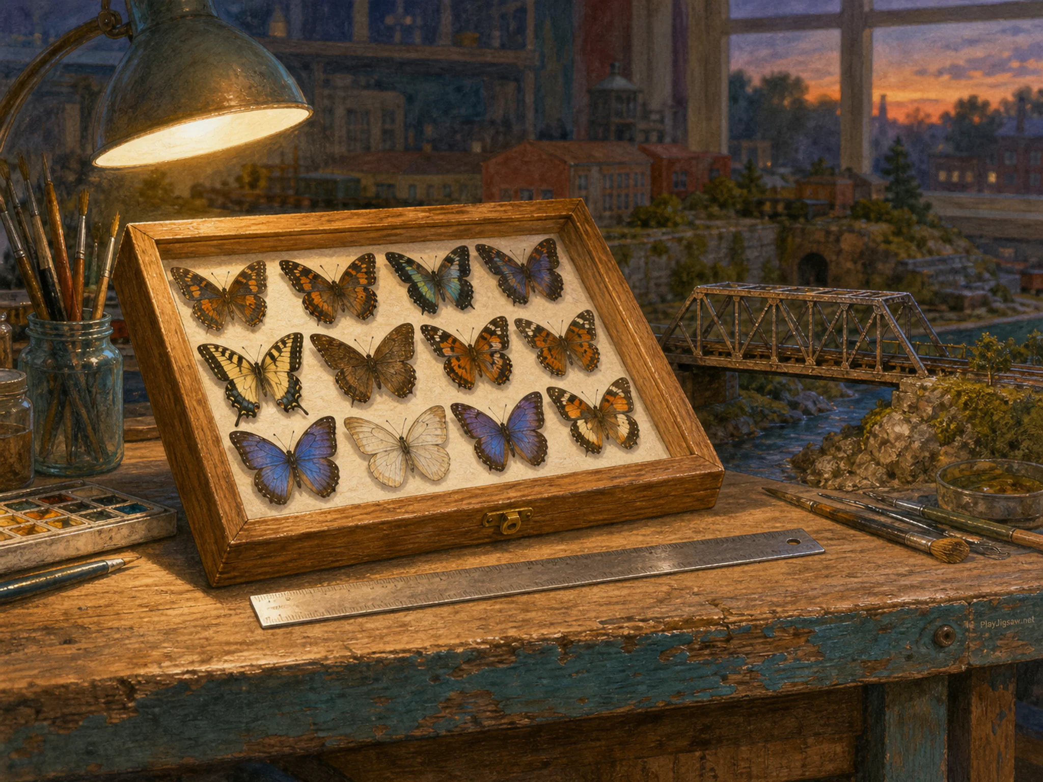 butterfly archive set up naturally beside a metal ruler without numbers in a model-bridge workbench inside a school project room, with familiar objects and warm lamplight at dusk.