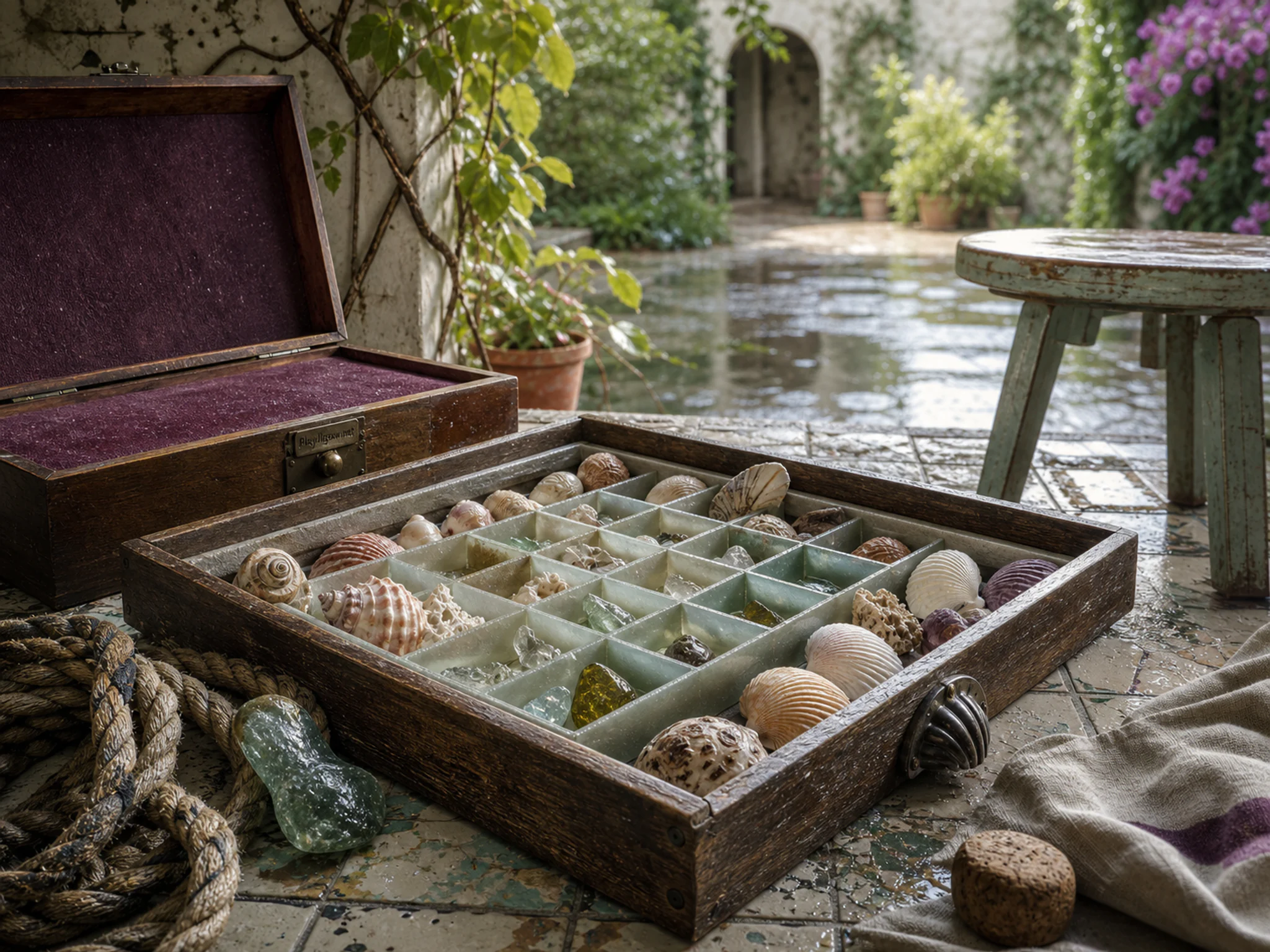 Shell Drawer assembled around sorted component tray in a bright botanical worktable, composed as ground-level view using a textured leading edge, a middle landmark, and a high.