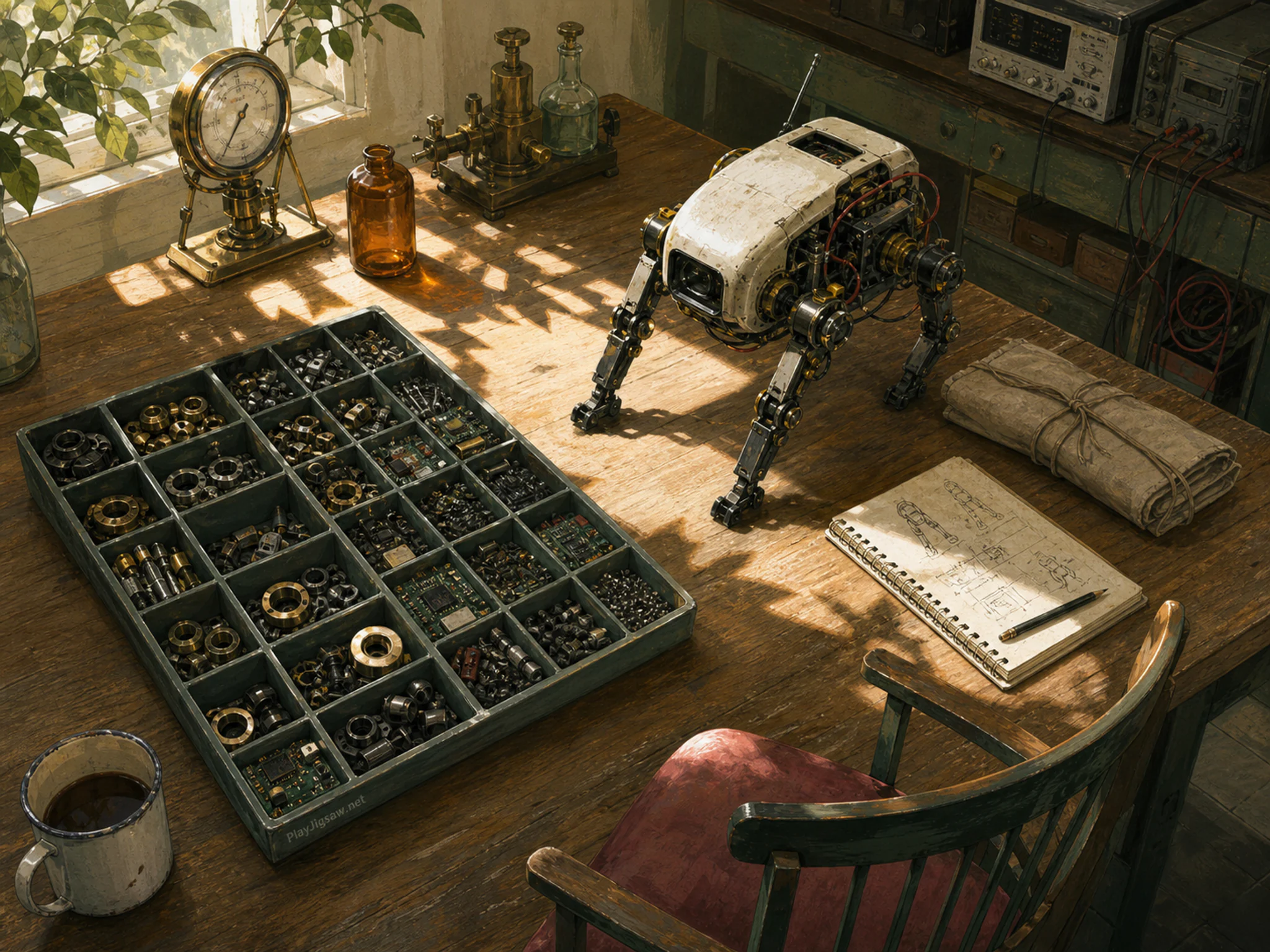 Robot Workbench assembled around sorted component tray in a practical engineering bench, composed as overhead working map with irregular object islands, strong spacing, and a.
