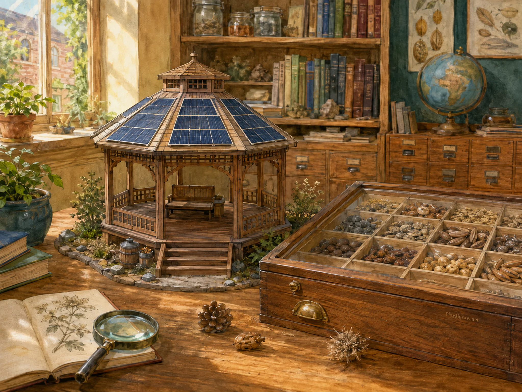 solar pavilion set up naturally beside a wooden specimen case in a natural-history seed-specimen room in a local library workroom, with familiar objects and golden kitchen-window.