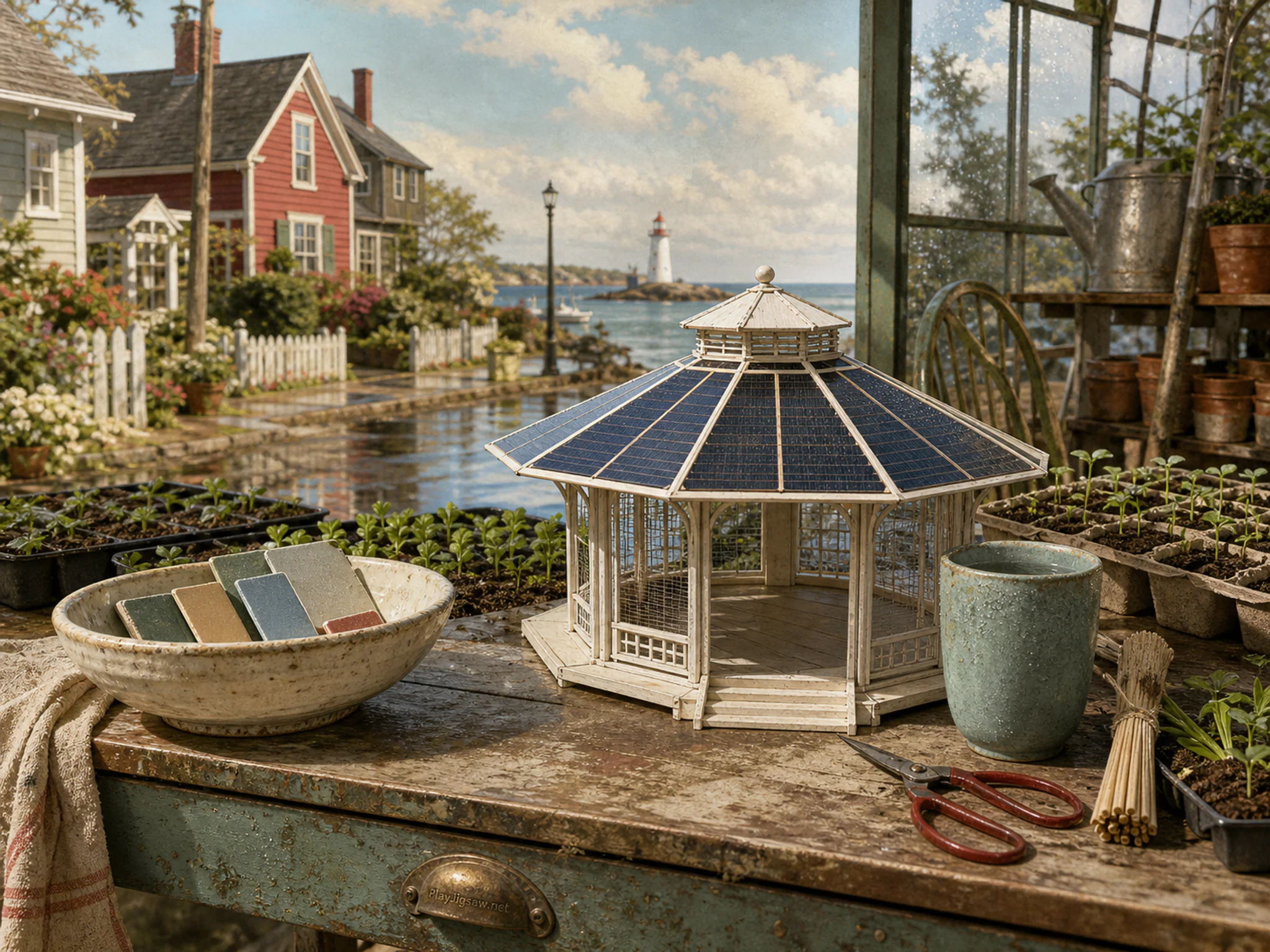 solar pavilion set up naturally beside a ceramic sample bowl in a greenhouse pollination desk beside seed trays, with familiar objects and sun after a brief rain shower.