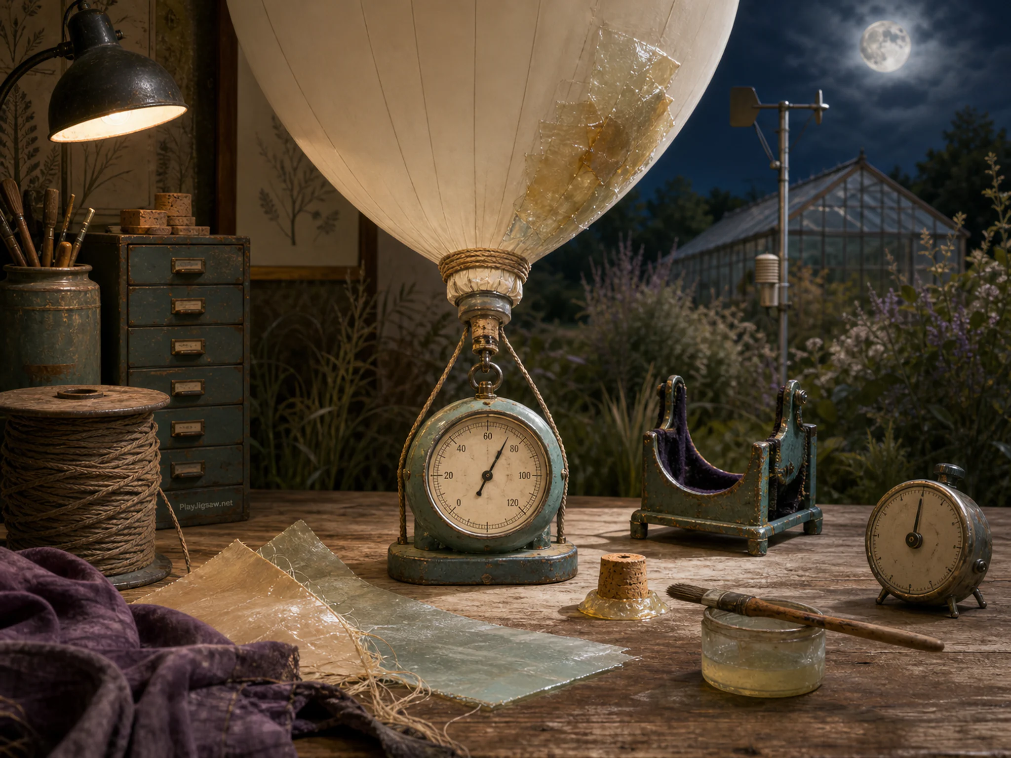Balloon Shed measuring above precision analog gauge in a bright botanical worktable, composed as wide lateral workflow from raw material at left through transformation to.