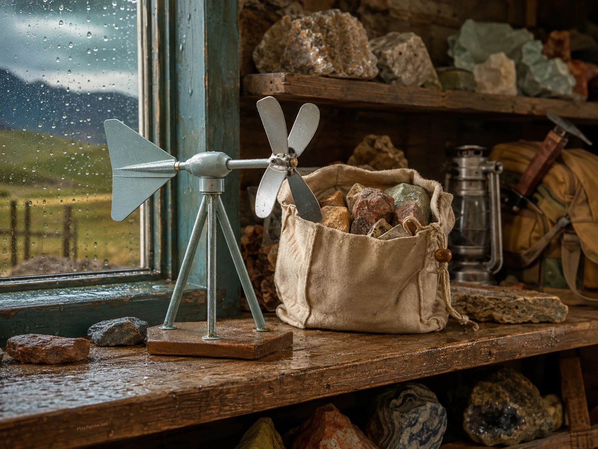 prairie wind meter set up naturally beside a canvas sample bag without text in a geology shelf in a modest study with common field gear, with familiar objects and gentle rain.