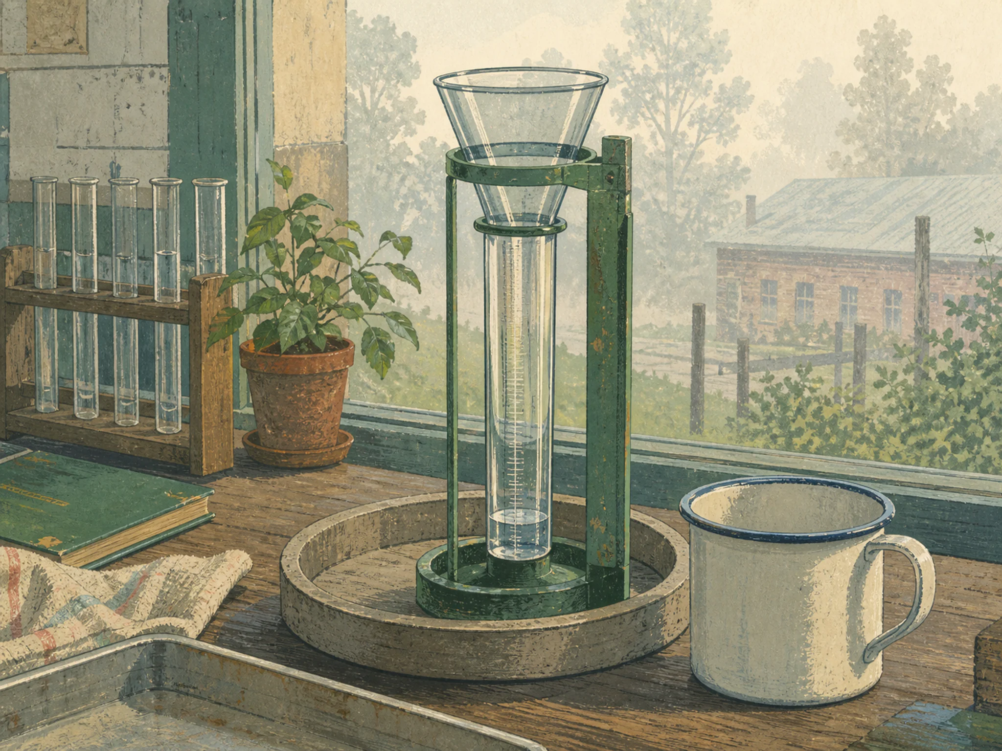 rain gauge station set up naturally beside an enamel measuring cup without numbers in a school lab bench with a familiar glass pipette rack, with familiar objects and calm misty.