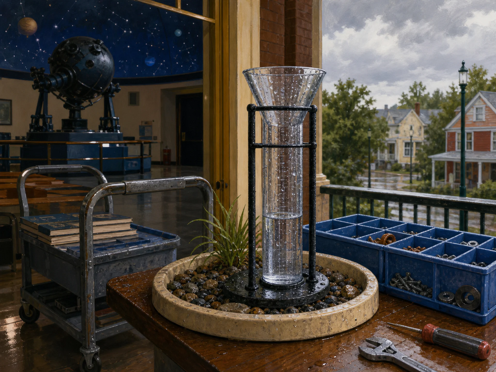 rain gauge station set up naturally beside a blue parts organizer in a school planetarium projector room after class, with familiar objects and soft overcast afternoon.