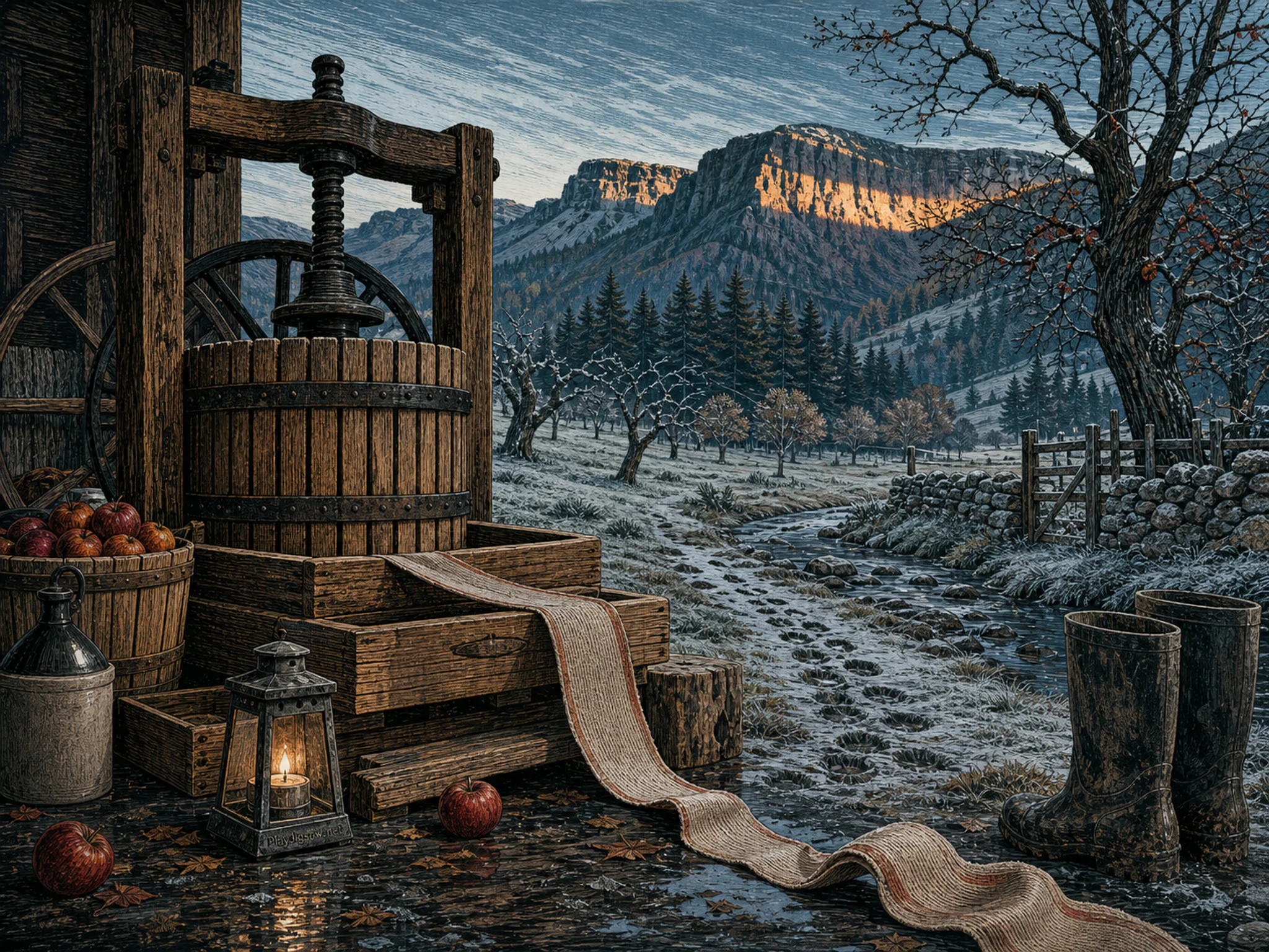 Cider Press arranged along linen ribbon box in a warm harvest workspace, composed as layered environmental section showing a clear above-below, near-far, wet-dry, or.