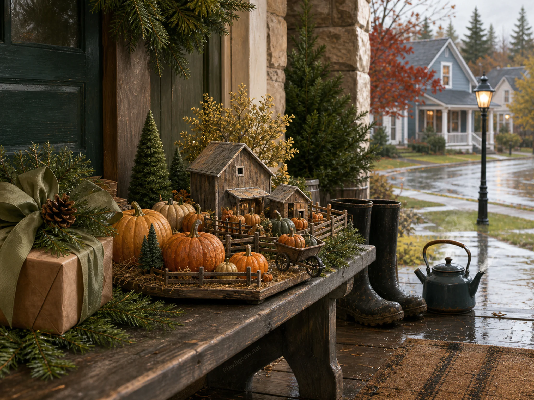 pumpkin farm arranged naturally beside a ribbon box in a family evergreen entryway with boots and a warm kettle nearby, with familiar objects and gentle rain with crisp.