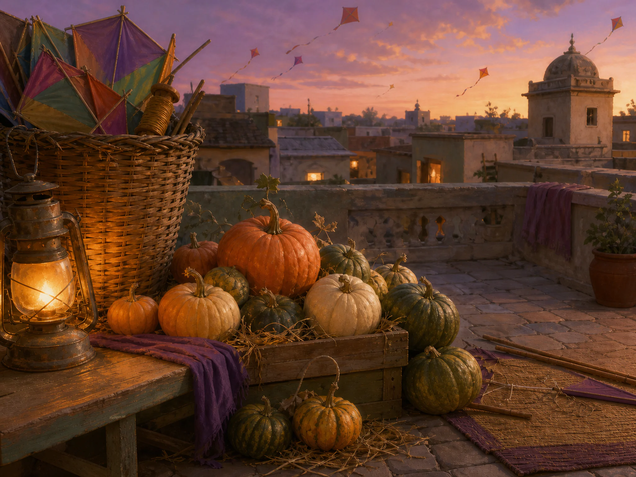 pumpkin farm arranged naturally beside a woven kite basket in a rooftop terrace being prepared for a familiar kite festival, with familiar objects and warm lamplight at dusk.