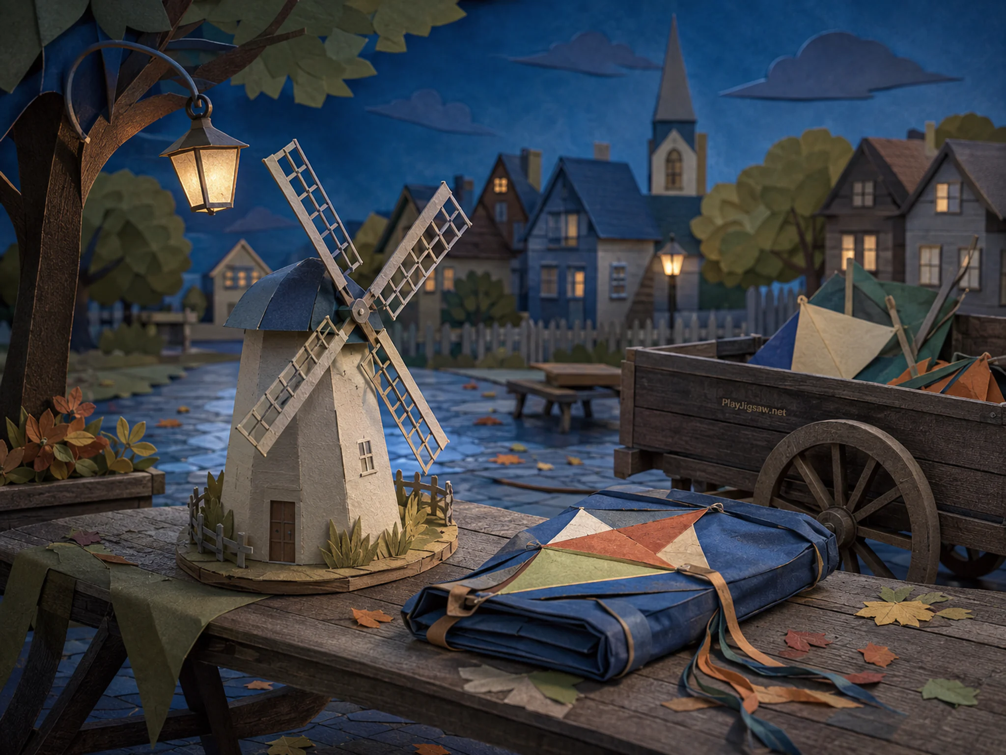 windmill evening arranged naturally beside a folded kite bag in a village park table being prepared for a kite festival, with familiar objects and cool blue-hour light.
