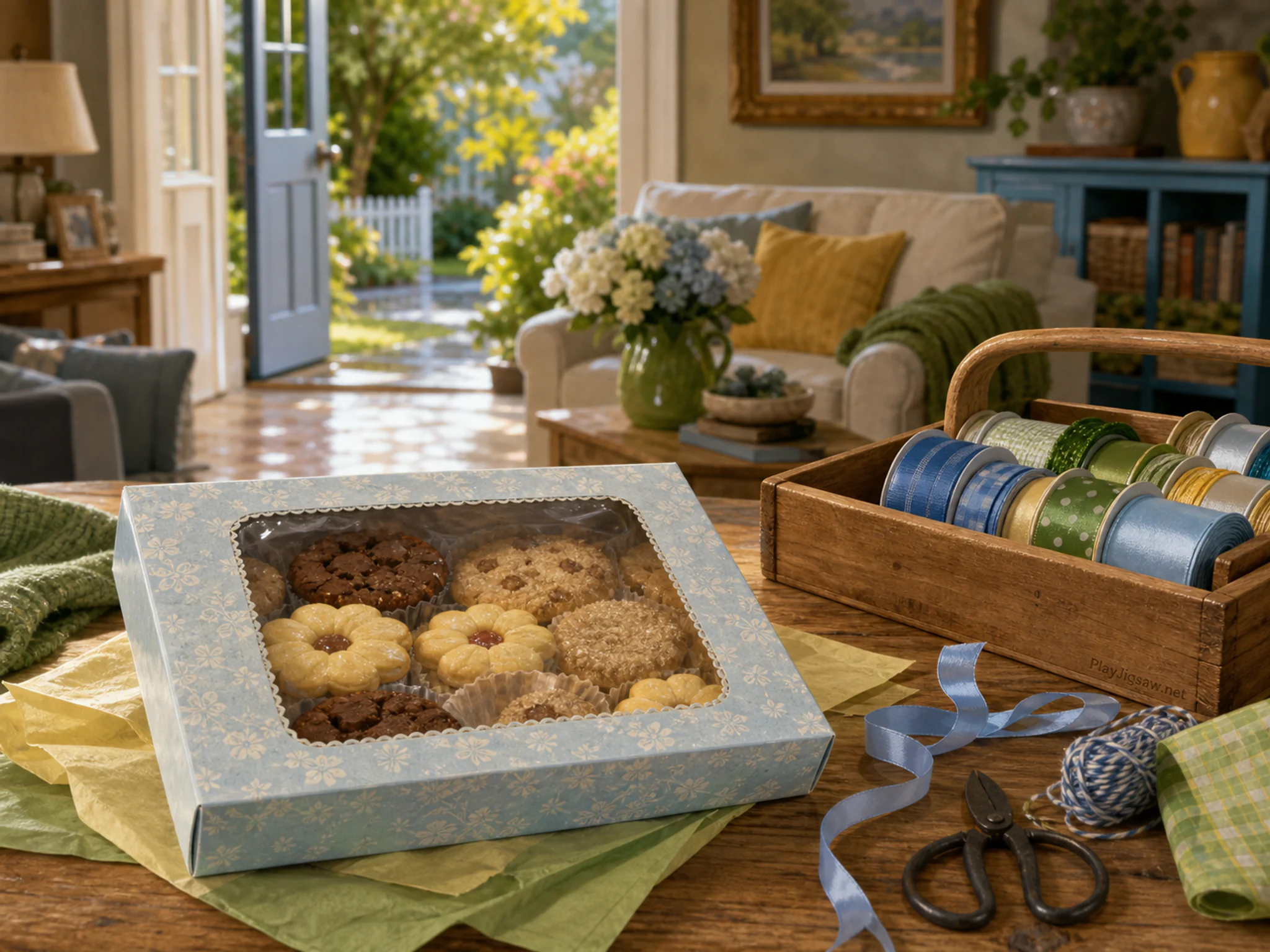 cookie window arranged naturally beside a wooden ribbon caddy in a familiar living-room gift-sleigh wrapping workshop, with familiar objects and sun after a brief rain shower.