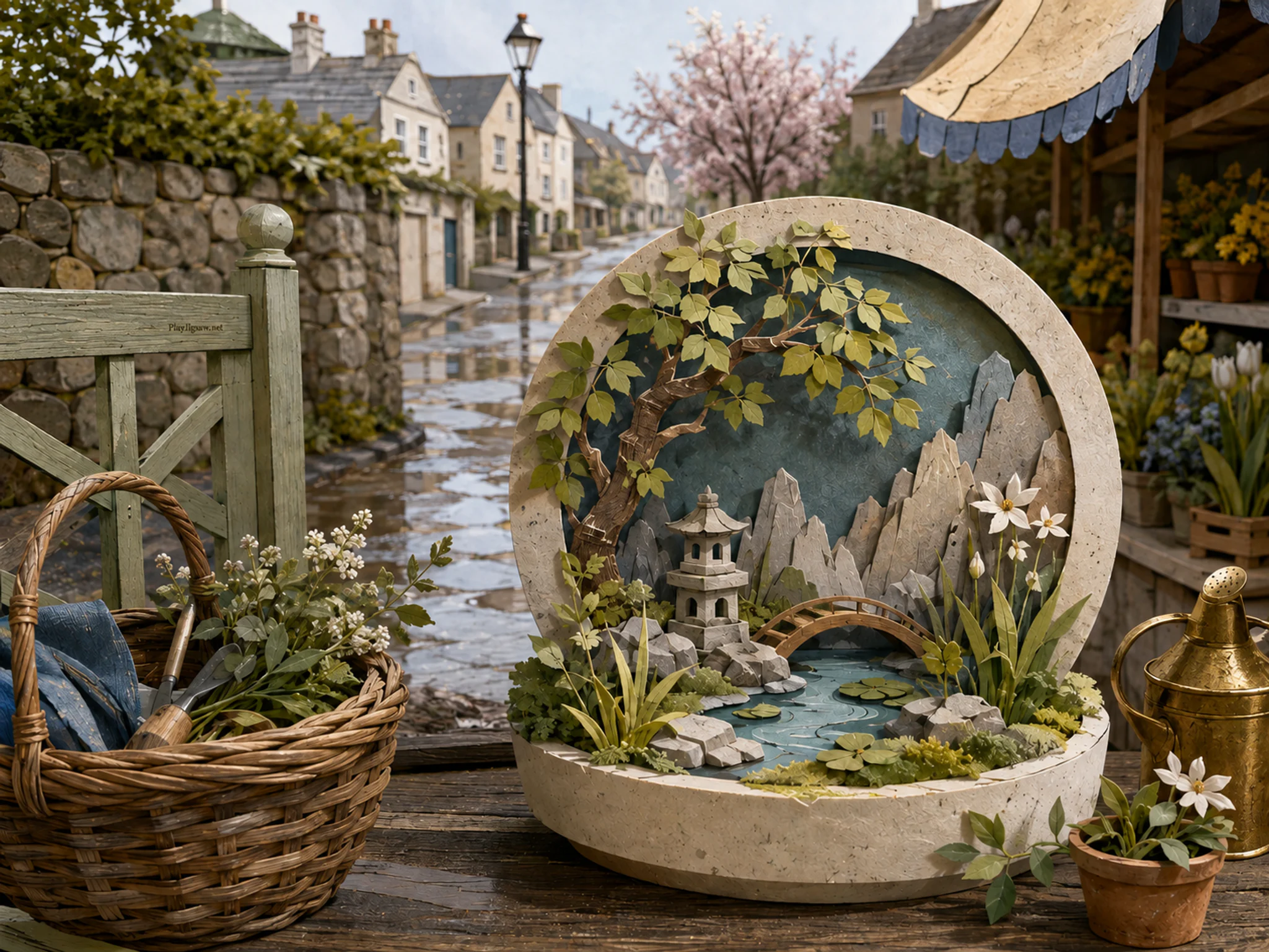 moon drum garden arranged naturally beside a wicker garden basket in a familiar spring puddle garden after a light shower, with familiar objects and clear early-morning light.