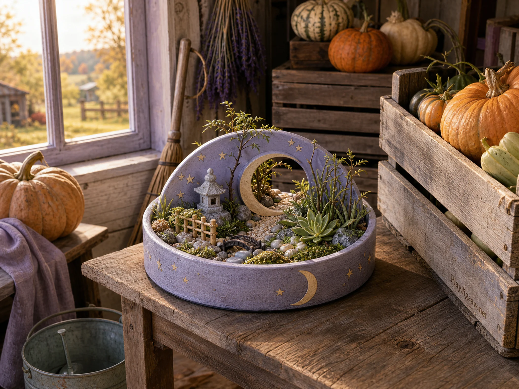 moon drum garden arranged naturally beside a wooden produce crate in a harvest shed with pumpkins, crates and a broom, with familiar objects and golden kitchen-window light.