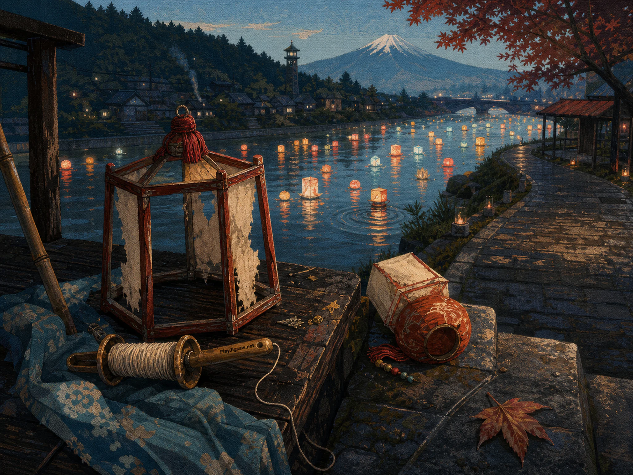 River Lanterns glowing around small lantern frame in a restrained festive interior, composed as elevated three-quarter view from a believable lookout, with a foreground edge, a.