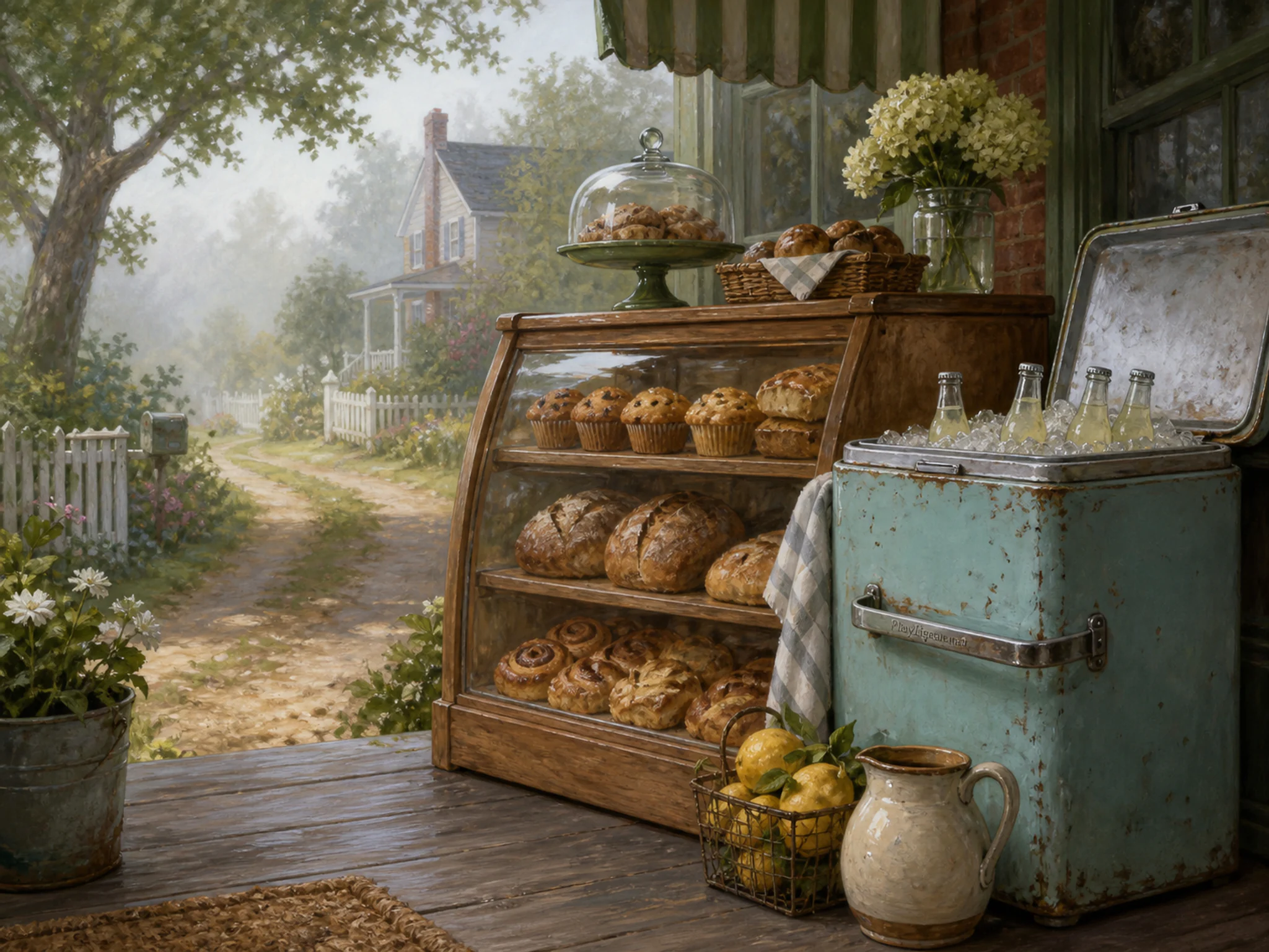 foggy bakery arranged naturally beside an enamel drink cooler in a summer lemonade veranda beside a residential garden, with familiar objects and calm misty dawn.
