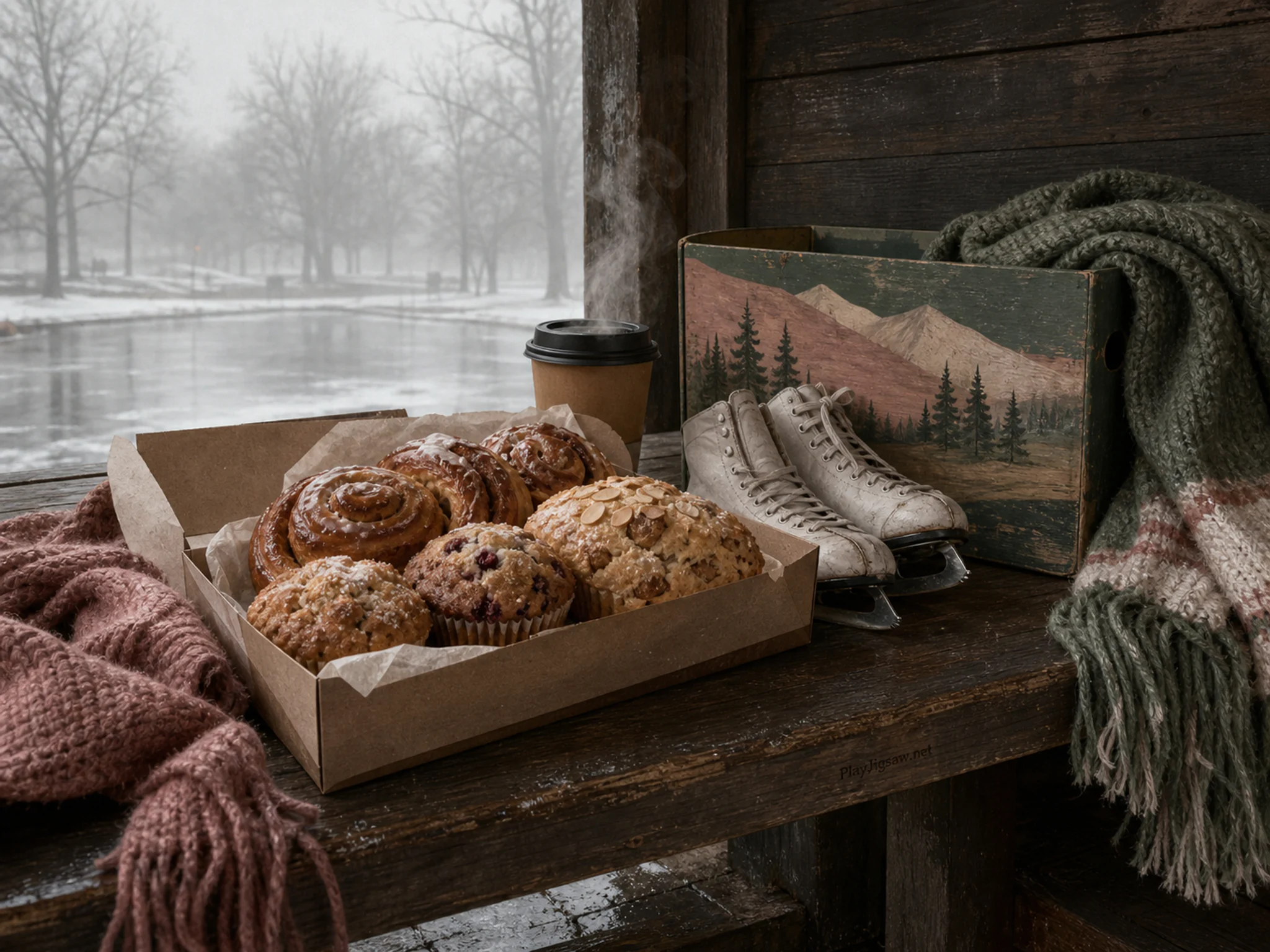 foggy bakery arranged naturally beside a painted skate box in a winter skate-shelter bench with scarves and no people, with familiar objects and soft overcast afternoon.