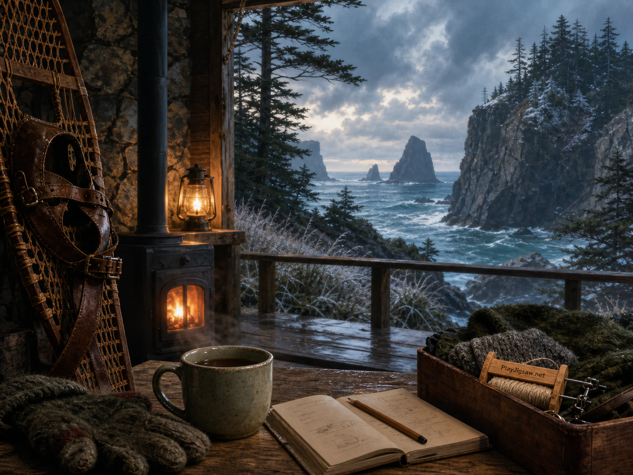 Monsoon Tea Balcony resting beneath leather snowshoe strap in a weather-swept coastal home, composed as framed exterior vista through an actual working structure, with unequal.