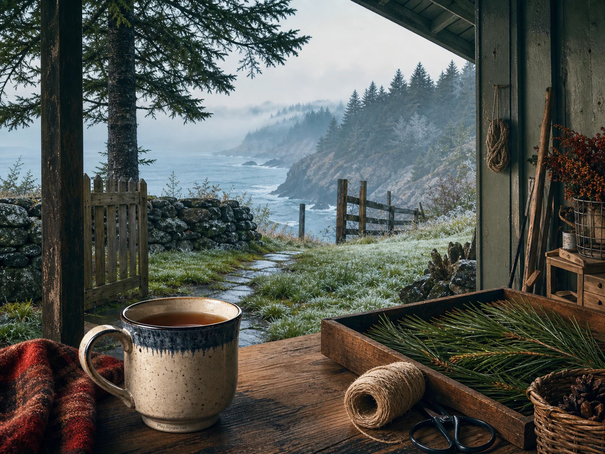 Monsoon Tea Balcony sheltered beside enameled tea cup in a warm harvest workspace, composed as sheltered foreground looking outward into exposed weather, with the main subject.
