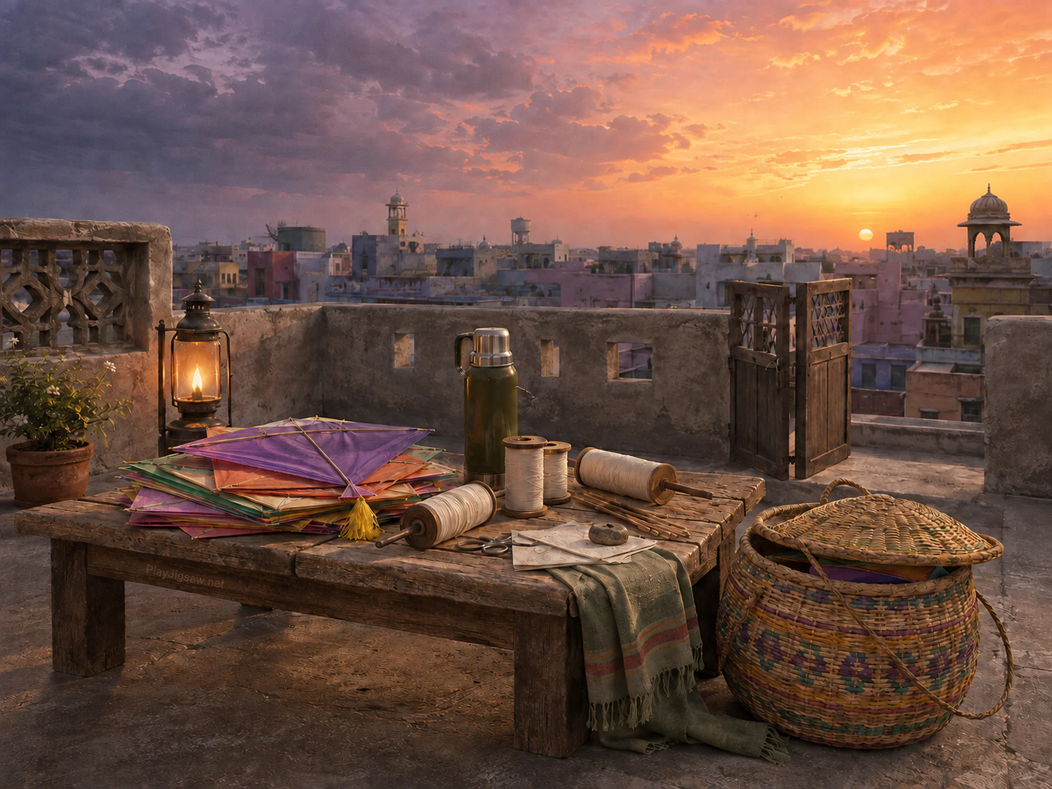 first dawn table arranged naturally beside a woven kite basket in a rooftop terrace being prepared for a familiar kite festival, with familiar objects and warm lamplight at dusk.