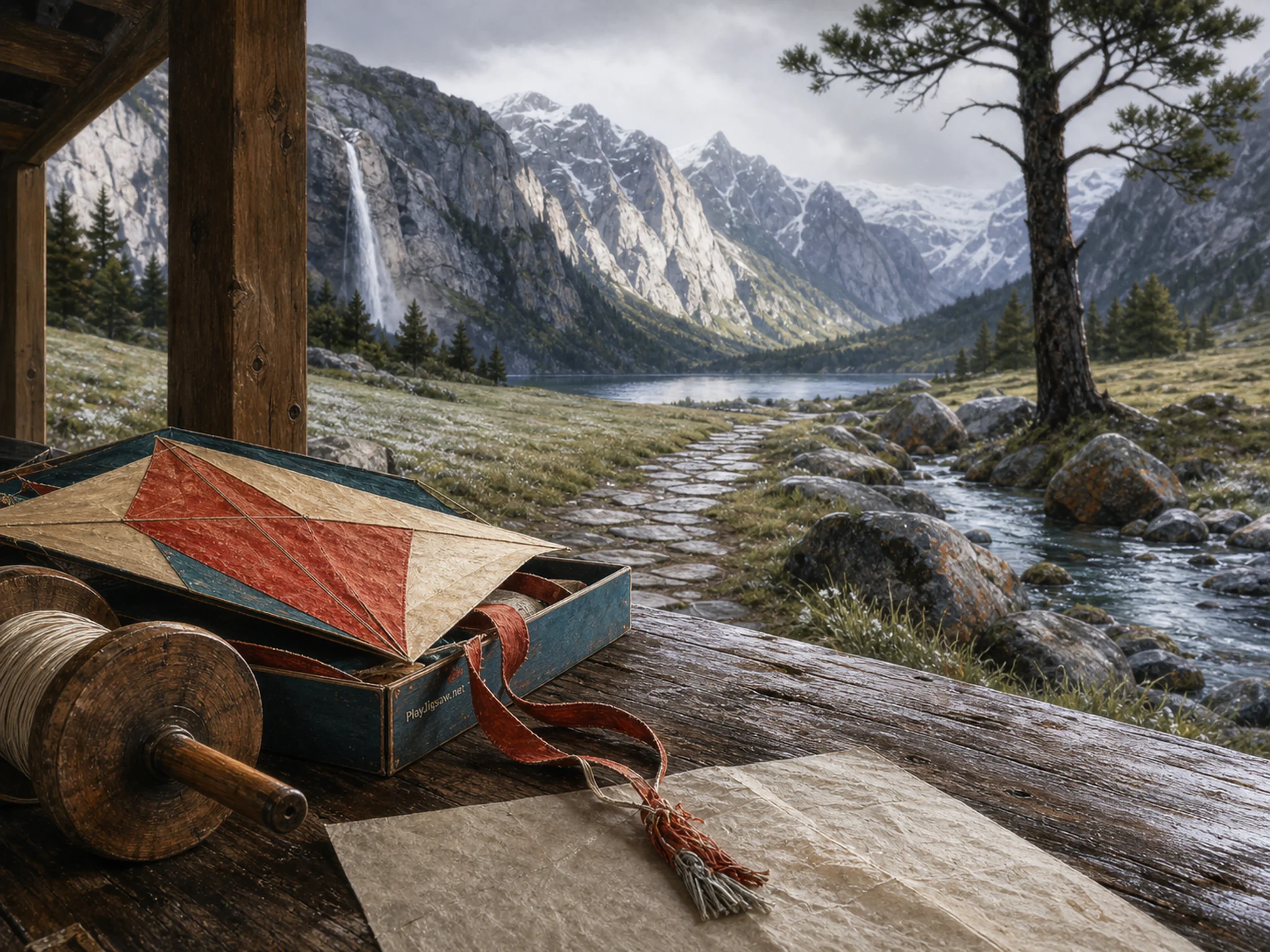Paper Decoration Desk ready near wooden kite spool in a fresh rain-washed spring porch, composed as sheltered foreground looking outward into exposed weather, with the main.