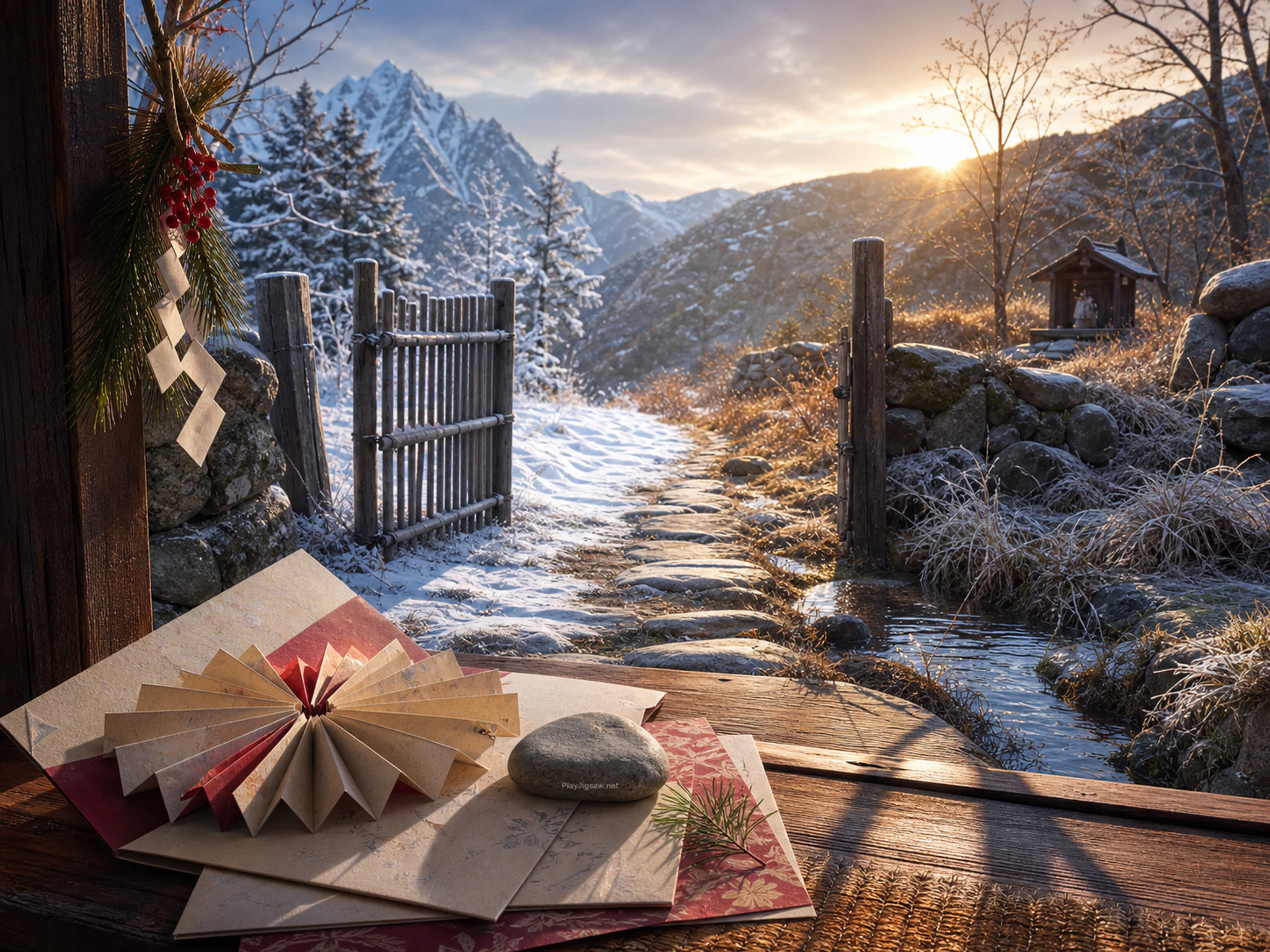 Paper Decoration Desk being folded on paper craft packet without text in a carefully decorated new-year room, composed as layered environmental section showing a clear.